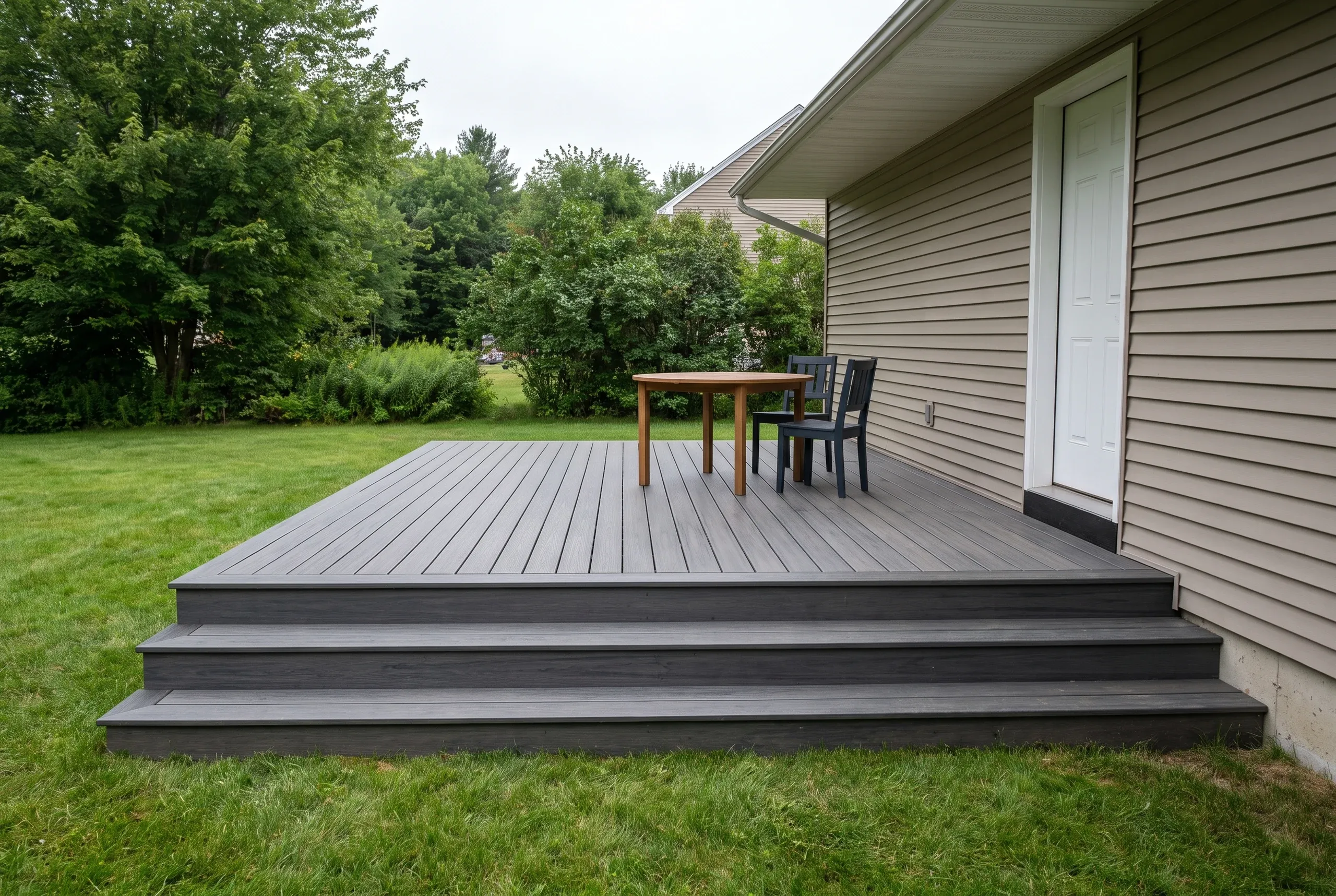 Deck builder Warren Maine: low gray composite deck with wide steps along a tan vinyl-sided house, bistro table and chairs on the deck