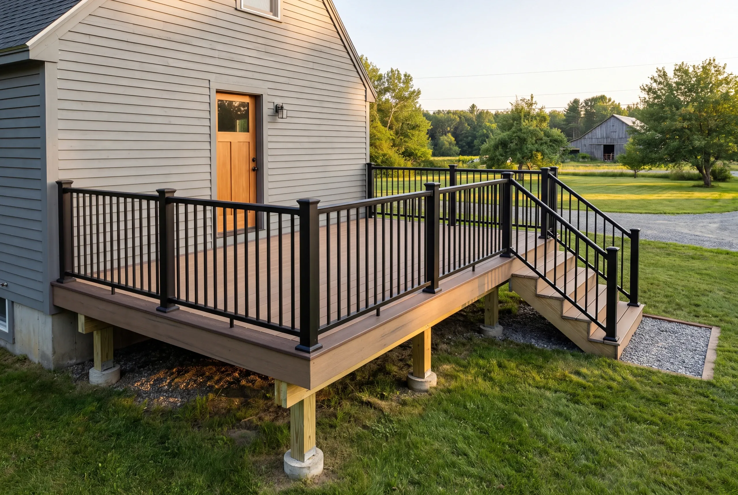 Custom deck builder Warren Maine: finished deck with black railing on a gray house with a wood door, barn beyond