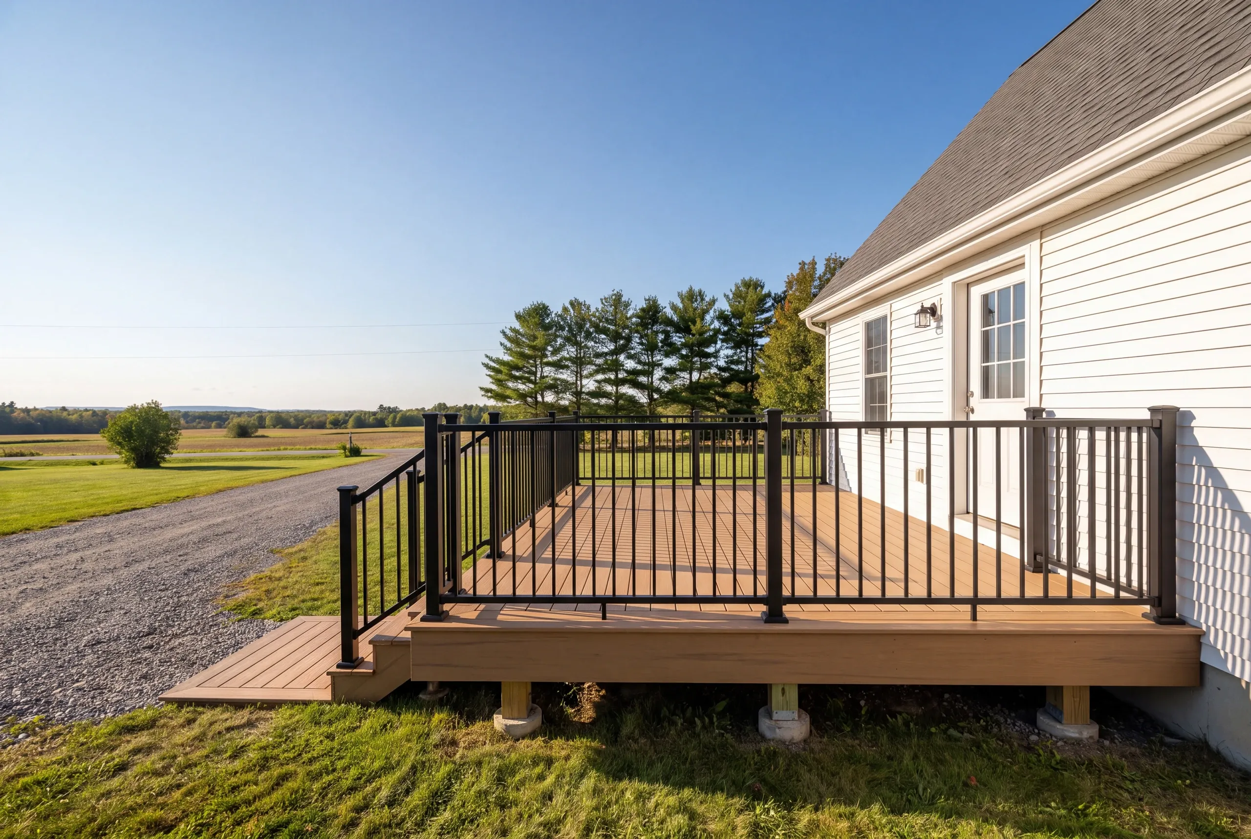 Deck contractor Warren Maine: low deck with black railing on a white house beside a gravel drive and fields