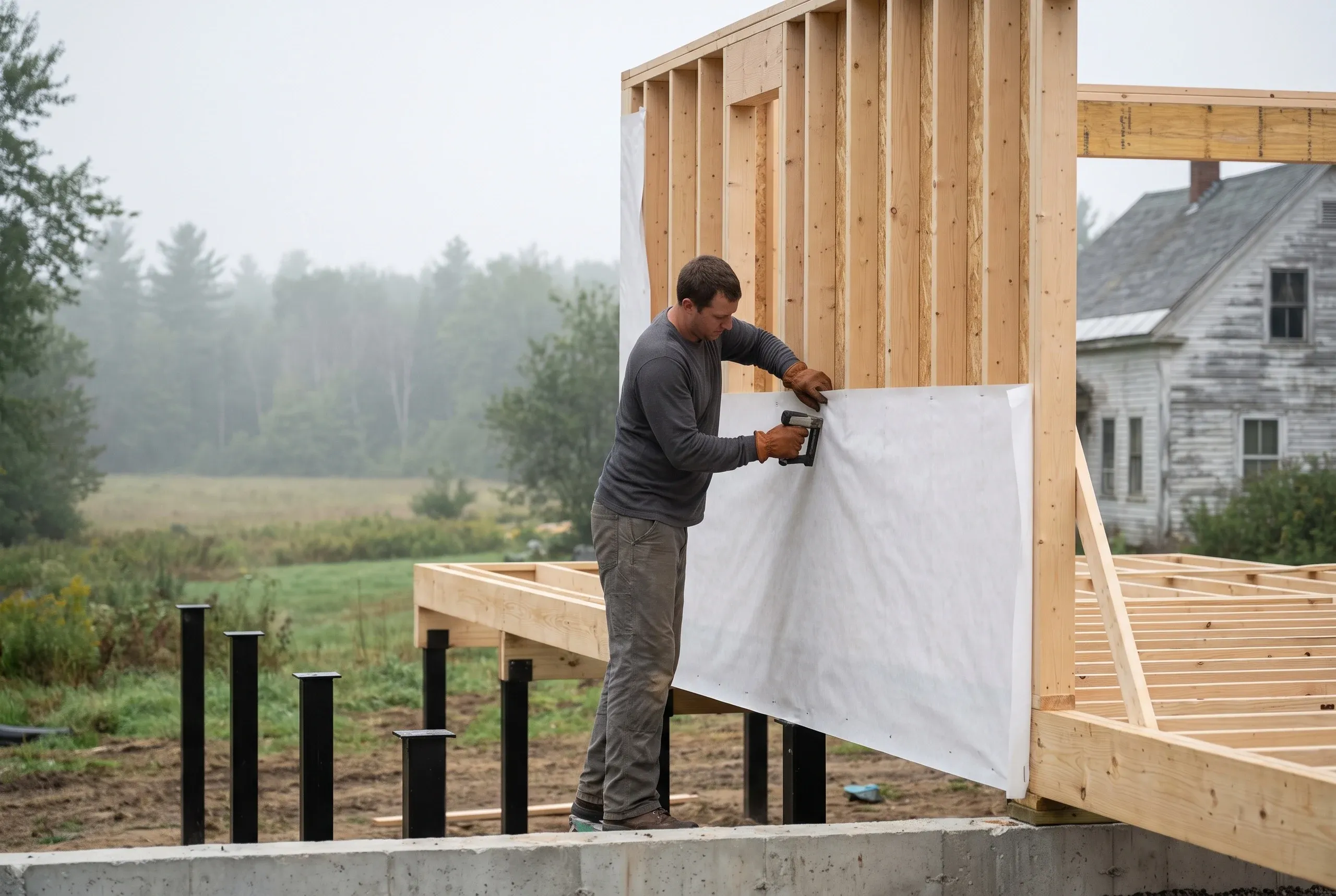 Deck builder in Waterville, ME: worker fastens plain housewrap to new stud wall above a joist frame on black helical posts beside an old farmhouse