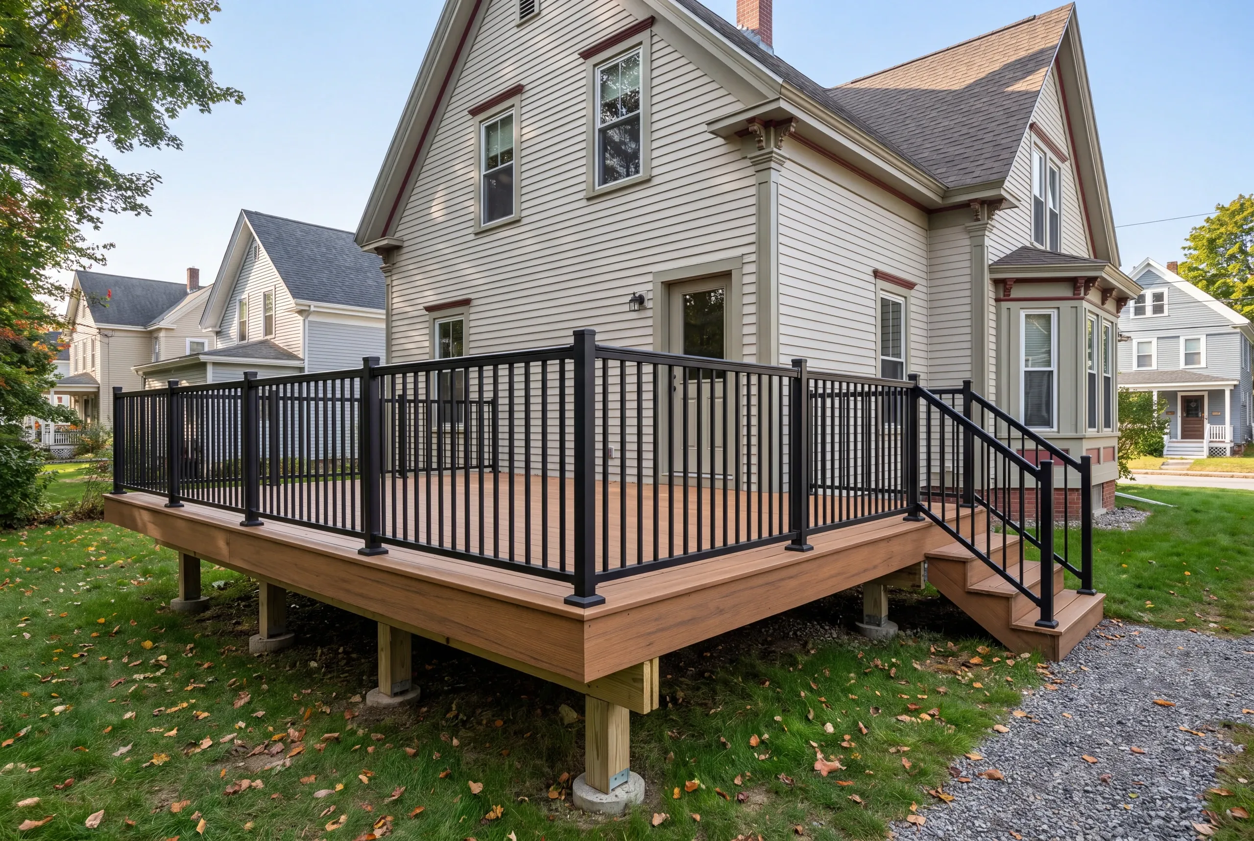 Custom deck builder Waterville Maine: finished deck with black railing behind a cream Victorian with bay window