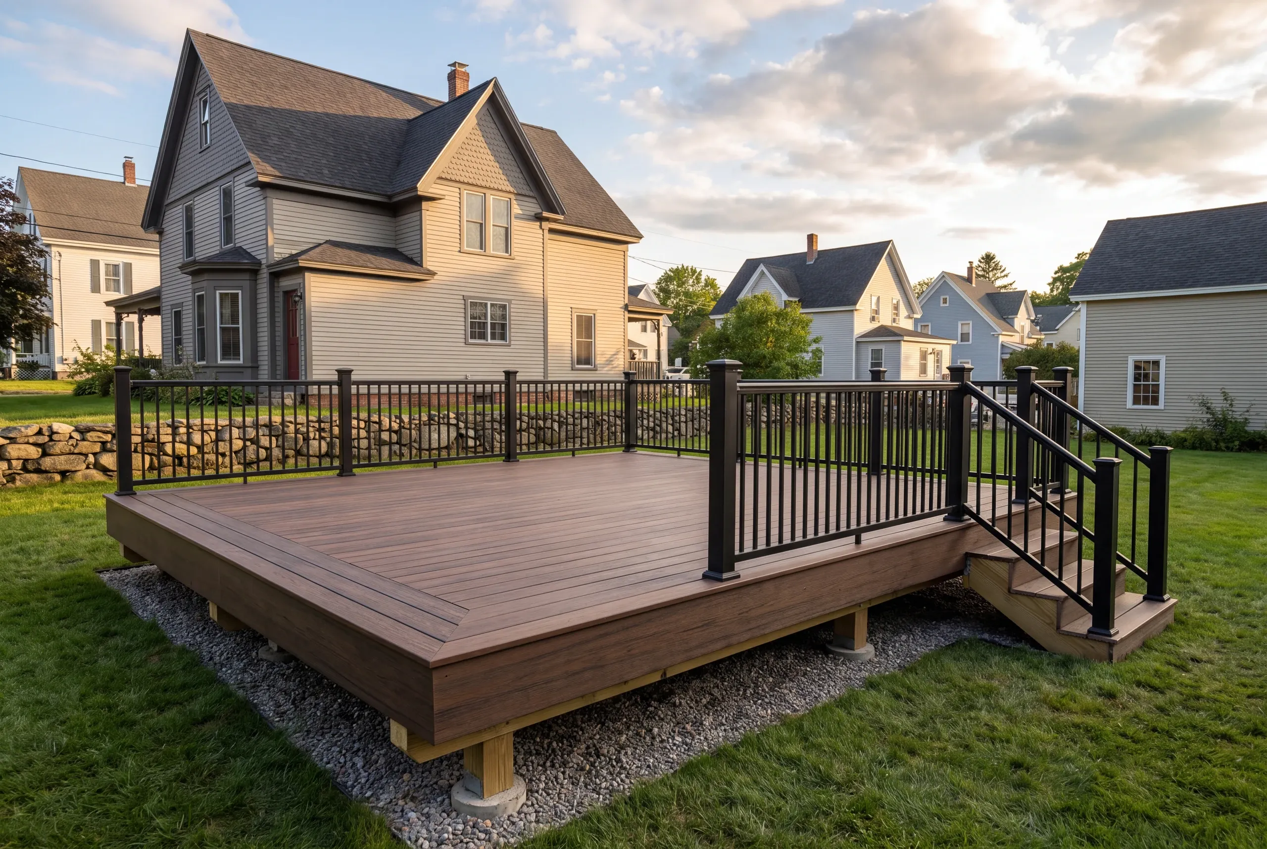 Deck contractor Waterville Maine: freestanding low deck with picture-frame border and black railing near a stone wall