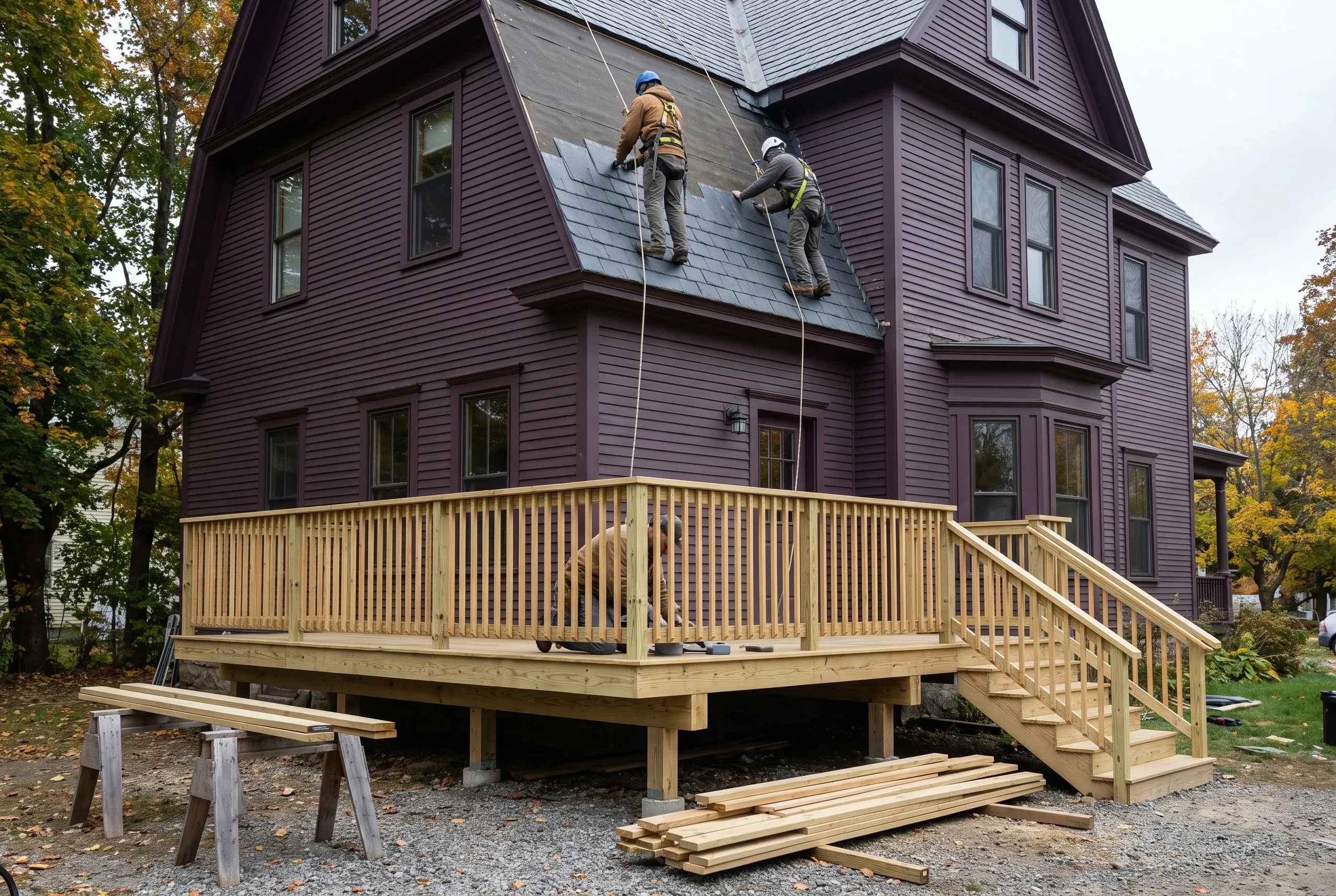 Deck builder Waterville Maine: pressure-treated deck with full baluster railing fronts a dark plum Victorian while two harnessed workers rope down the slate roof