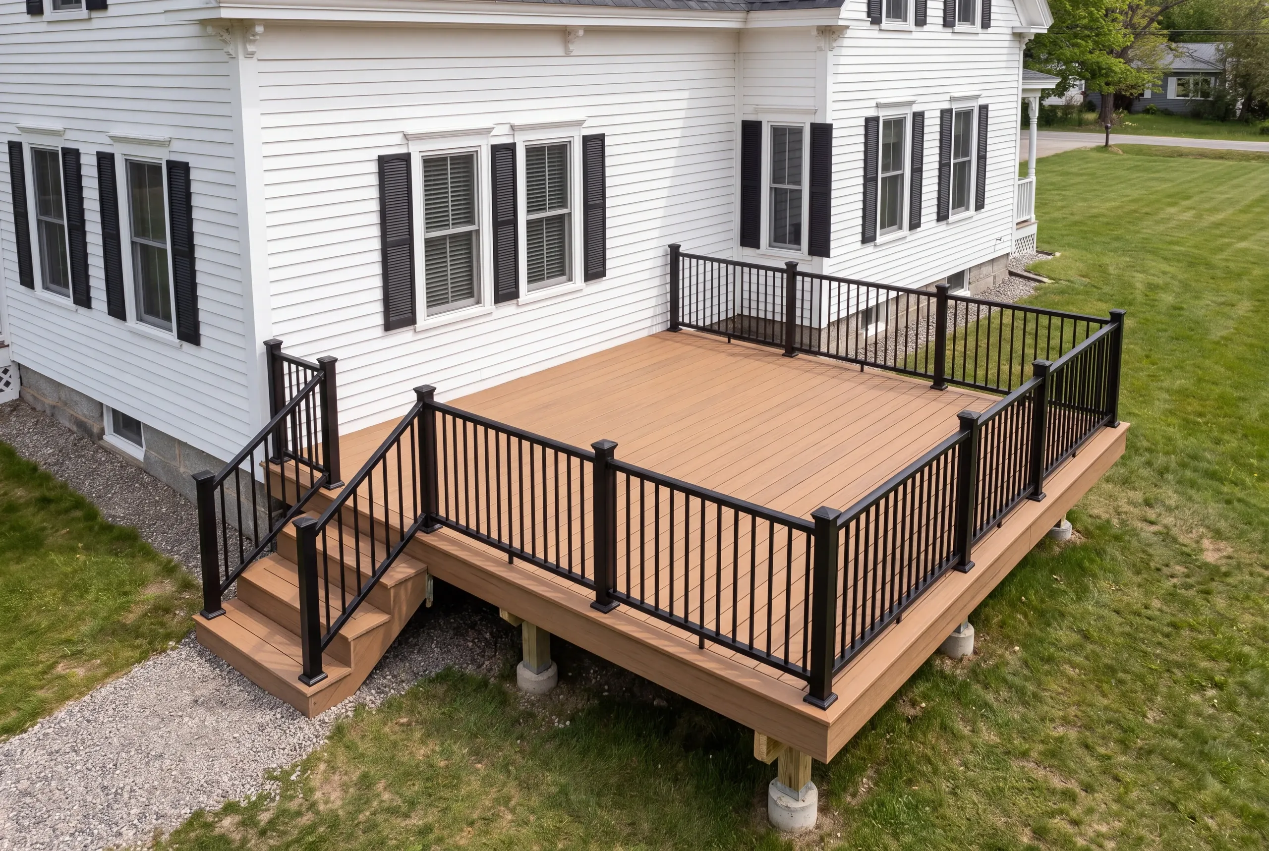 Custom deck builder Waterville Maine: raised deck and stairs on a white colonial with black shutters and gravel border