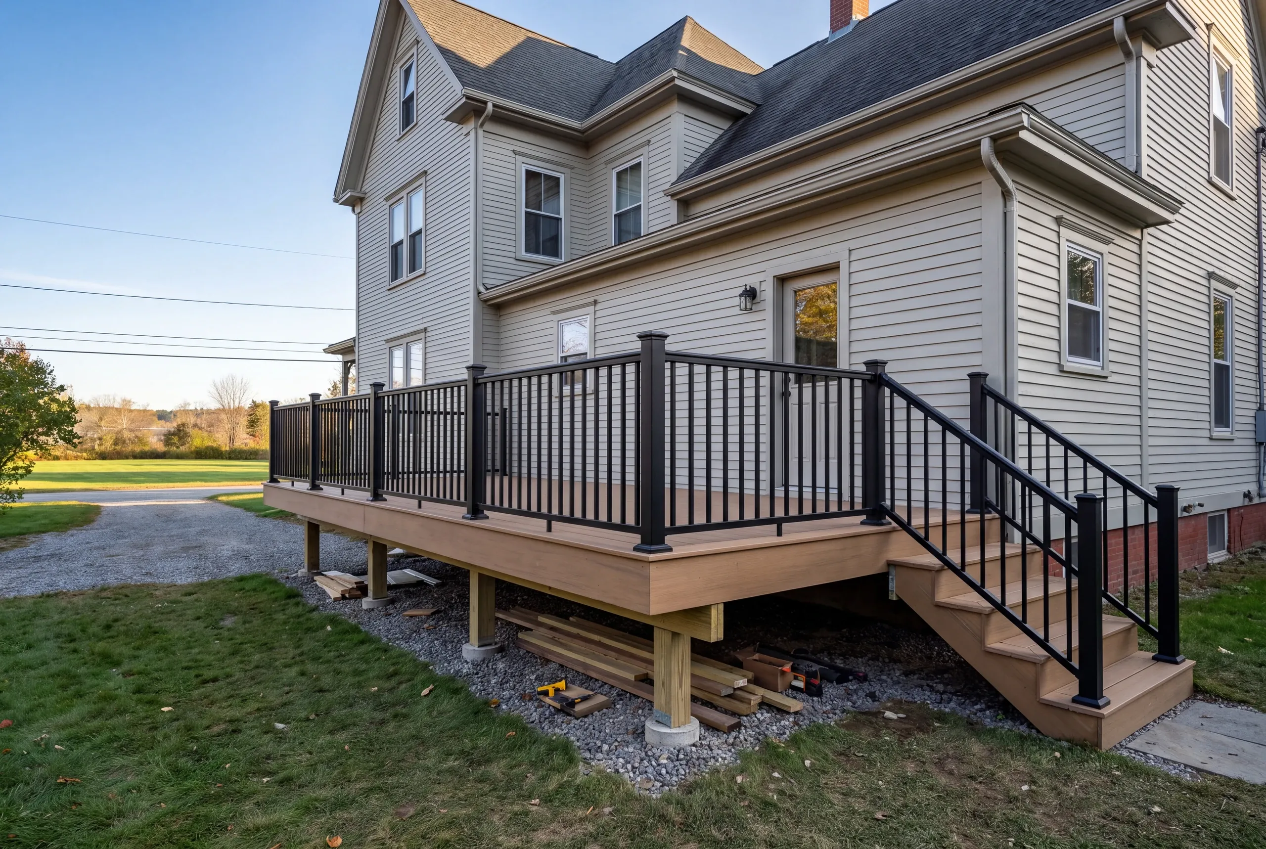 Deck contractor Waterville Maine: deck with black railing and stairs on a gray two-story house, lumber below