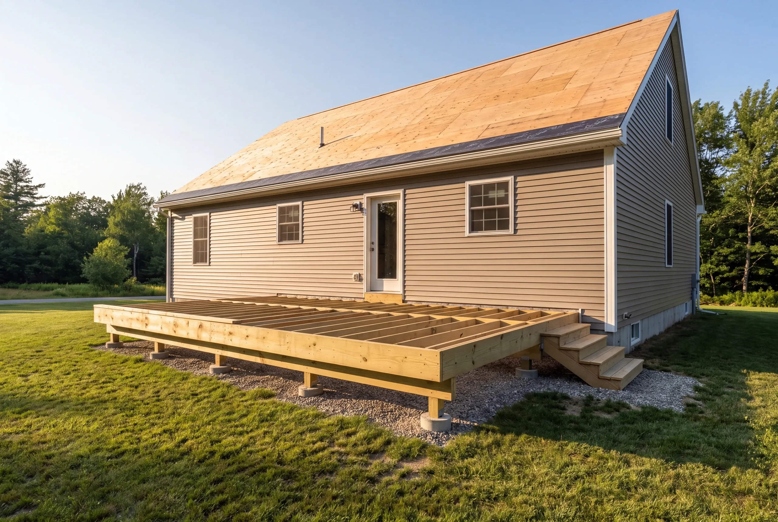Deck builder in Windsor, ME: low pressure-treated joist frame on piers behind a tan cape near grade