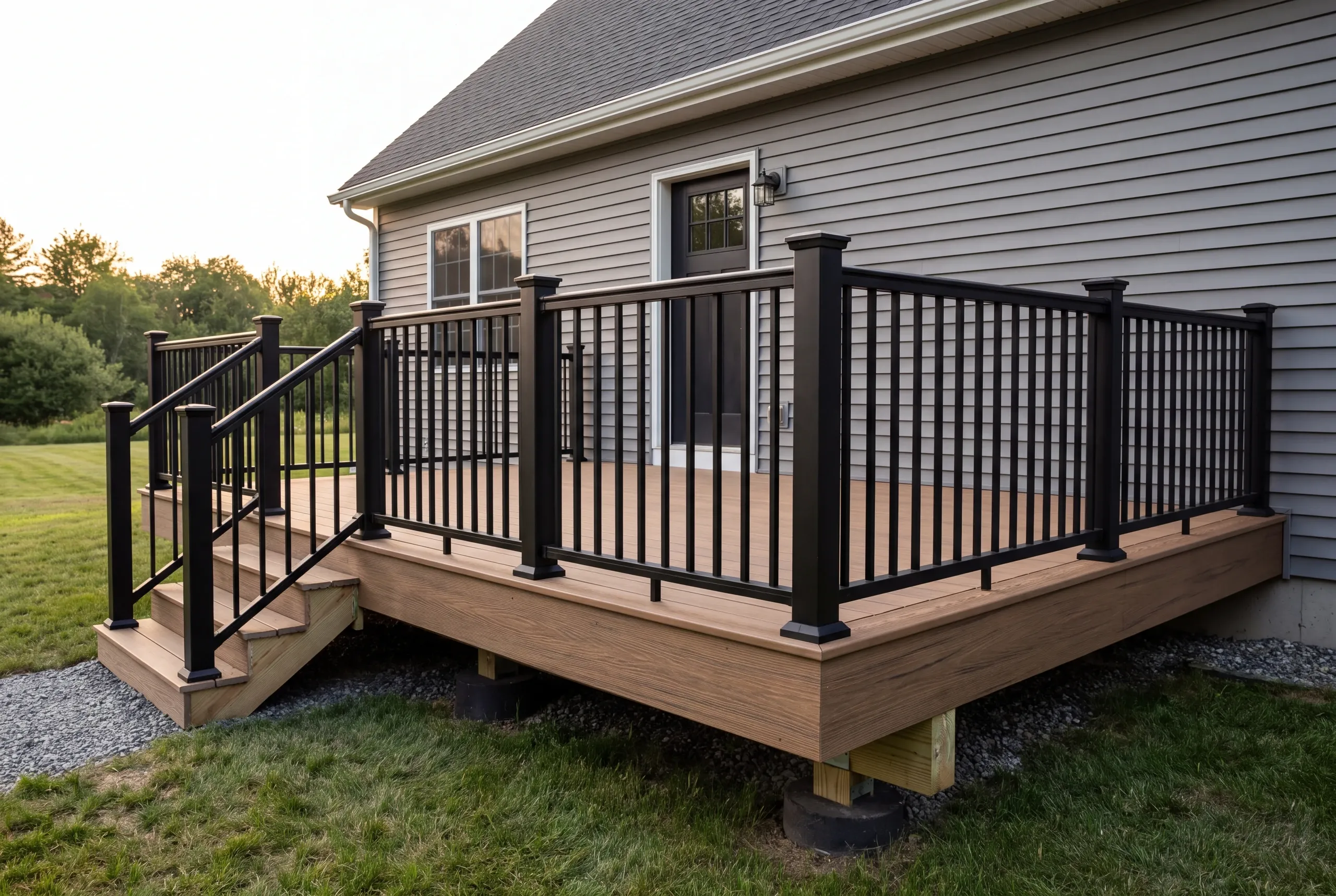Custom deck builder Windsor Maine: deck with full black railing a few feet up on a gray house