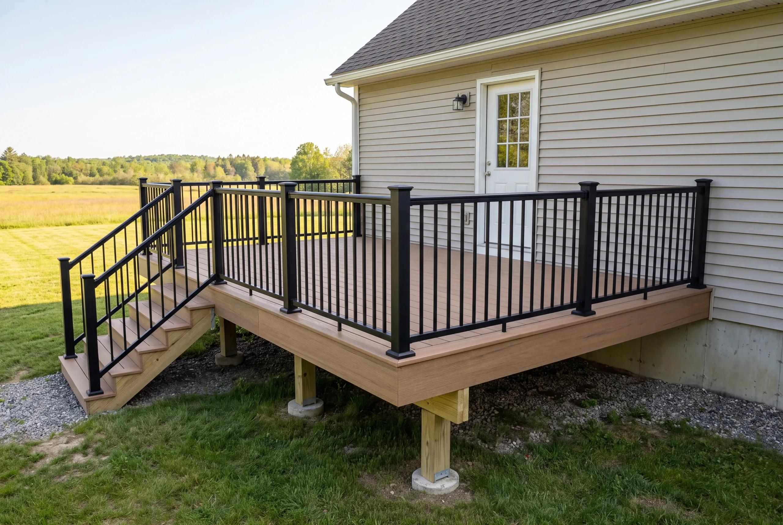 Deck contractor Windsor Maine: raised deck with brown deck boards, black aluminum railing and side stairs by an open field