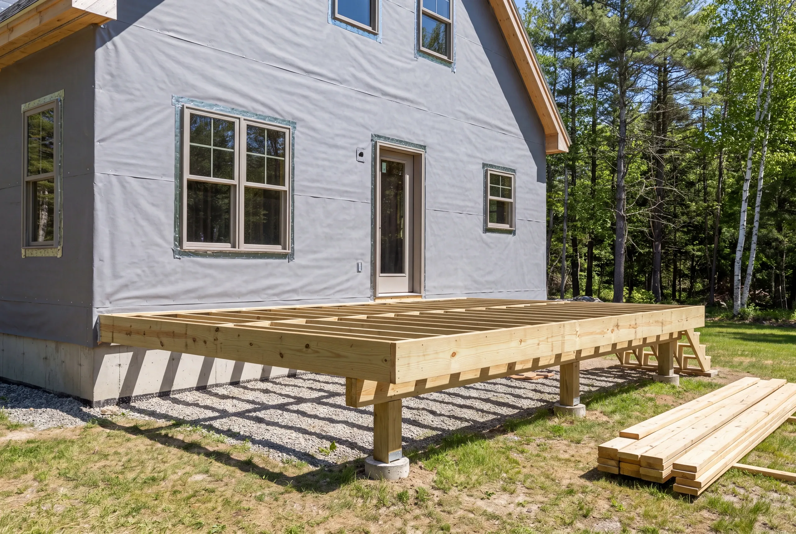 Deck builder Windsor Maine: pressure-treated deck joists on posts and concrete piers beside a house in gray wrap