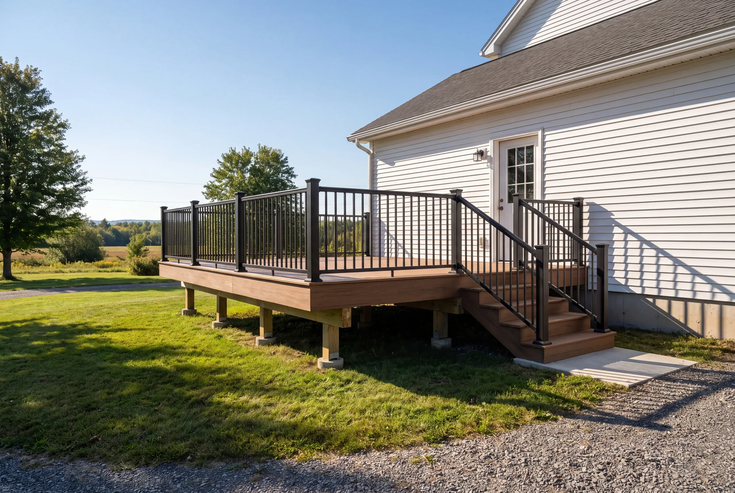Custom deck builder Windsor Maine: deck with black aluminum railing and corner stairs off a white two-story house on a gravel drive
