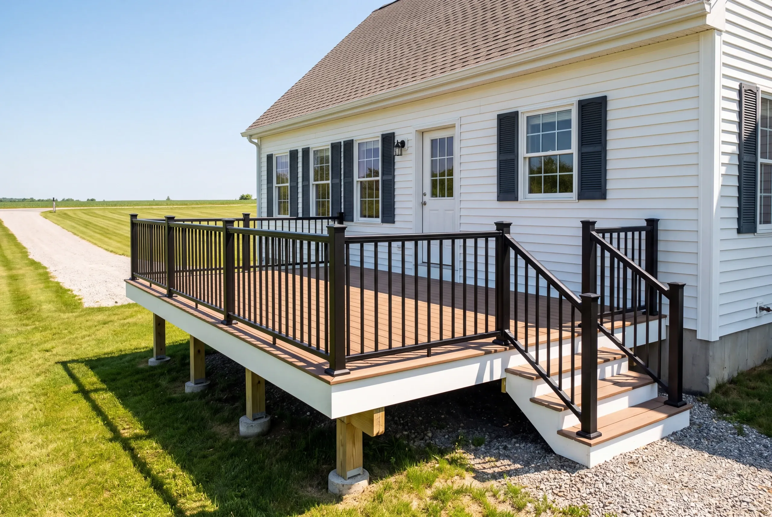 Deck contractor Windsor Maine: deck with white fascia, brown boards and black railing off a cape with black shutters