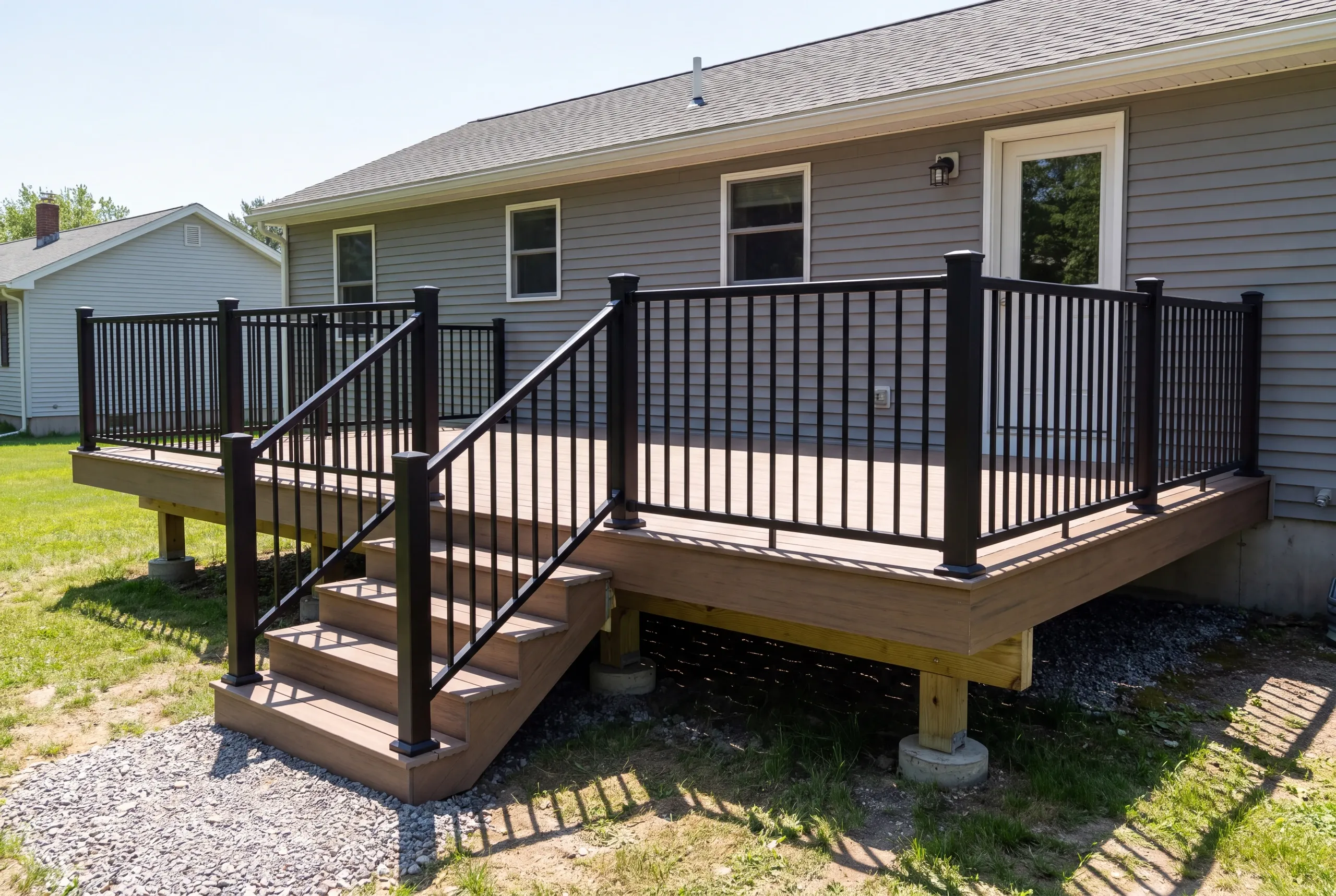 Deck builder in Winslow, ME: finished deck with black railing and stairs down to a gravel bed behind a gray ranch
