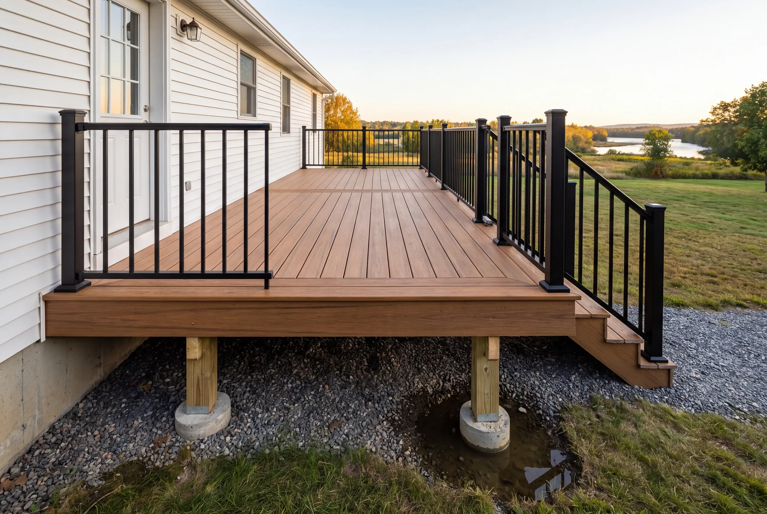 Custom deck builder Winslow Maine: long deck with brown boards and black railing, a puddle pooled around one concrete pier