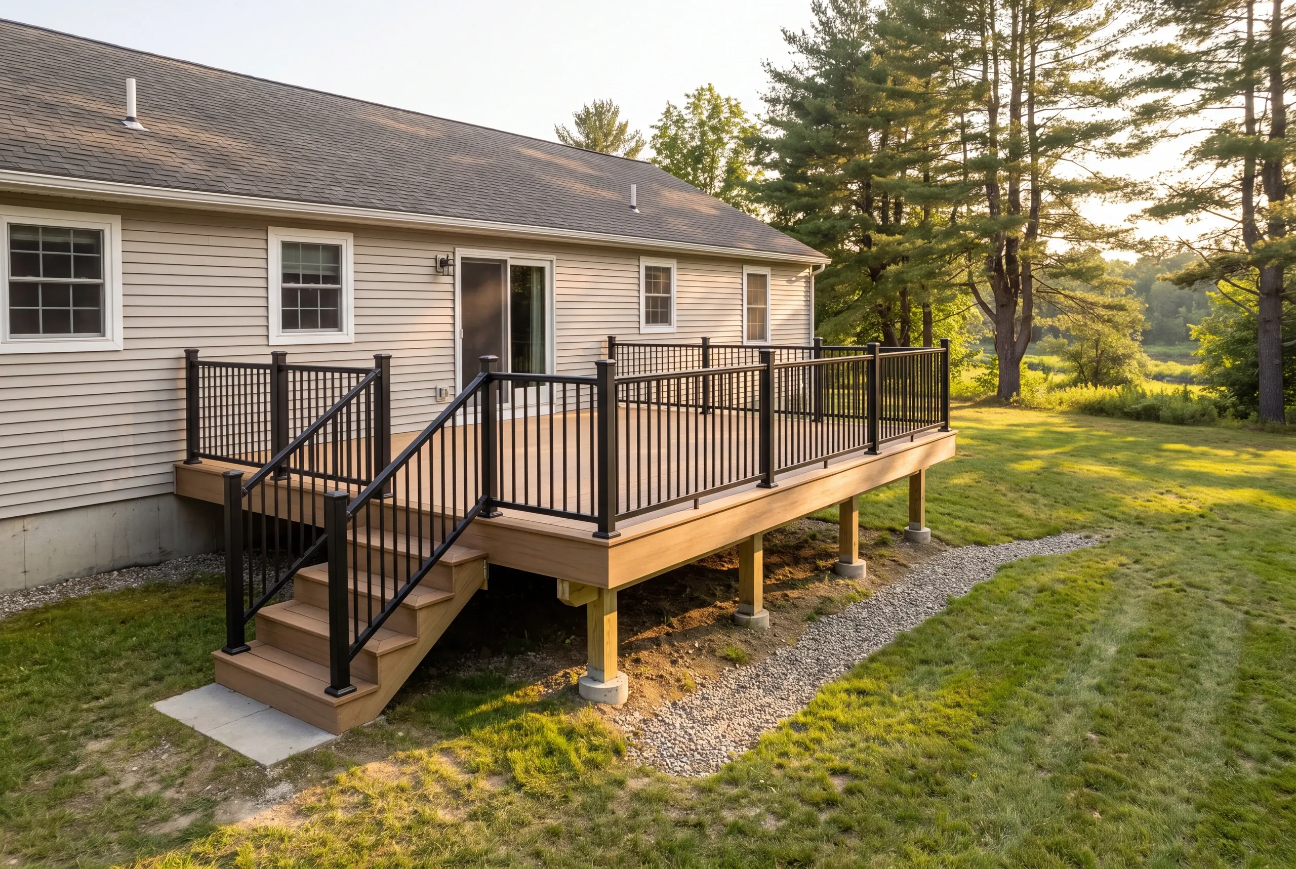 Deck contractor Winslow Maine: raised deck with black railing and stairs to a stone pad, gravel strip along its edge