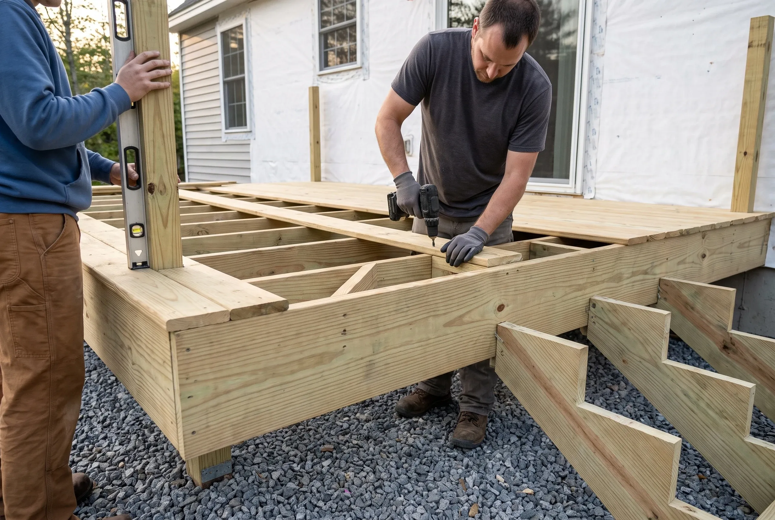 Deck builder Winslow Maine: two framers assemble a pressure-treated deck frame on gravel against a white house, level and gloves in hand