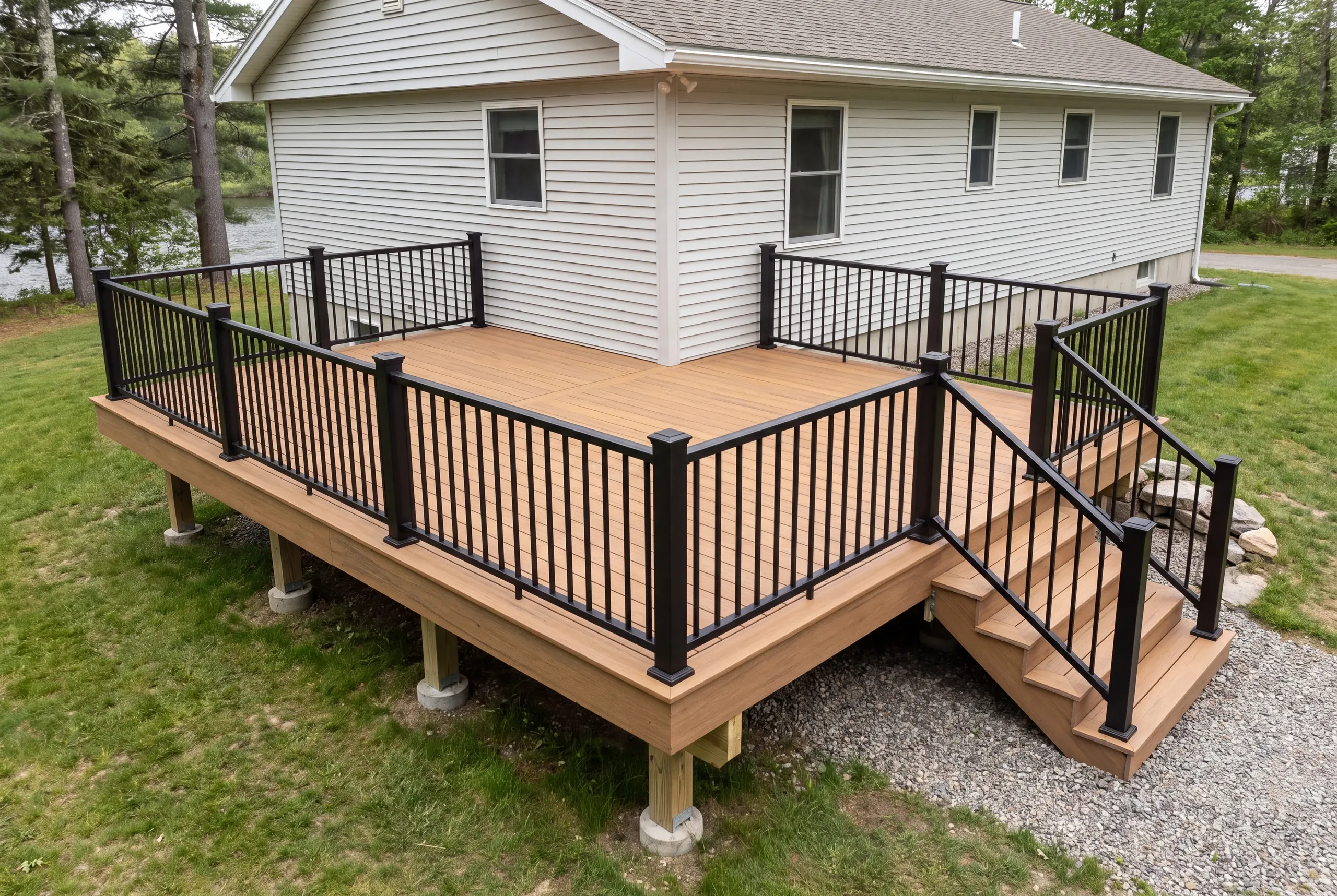 Custom deck builder Winslow Maine: deck with brown boards, black railing and corner stairs off a gray ranch on a grassy lot
