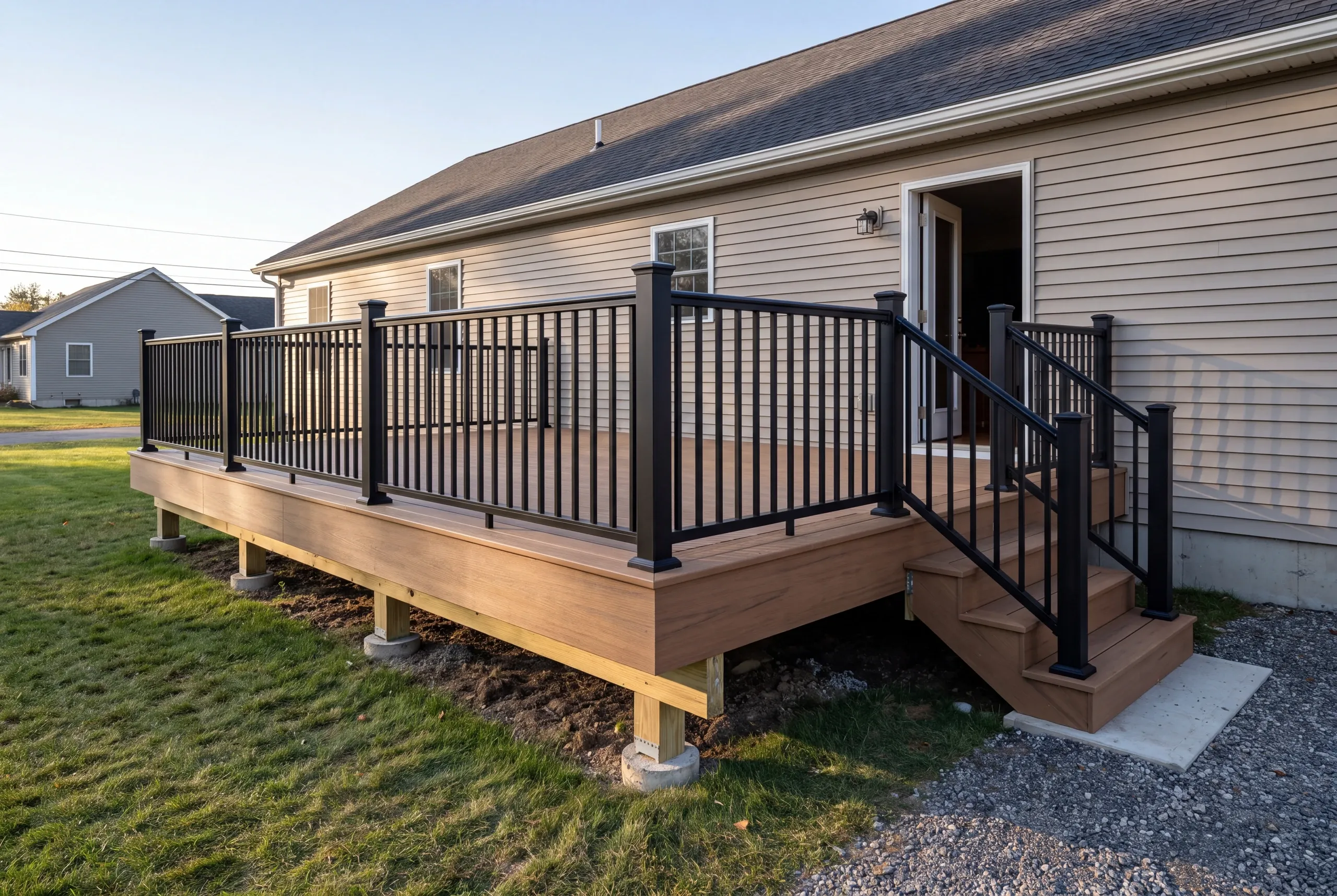 Deck contractor Winslow Maine: long deck along a beige ranch with black railing and stairs down to a concrete pad