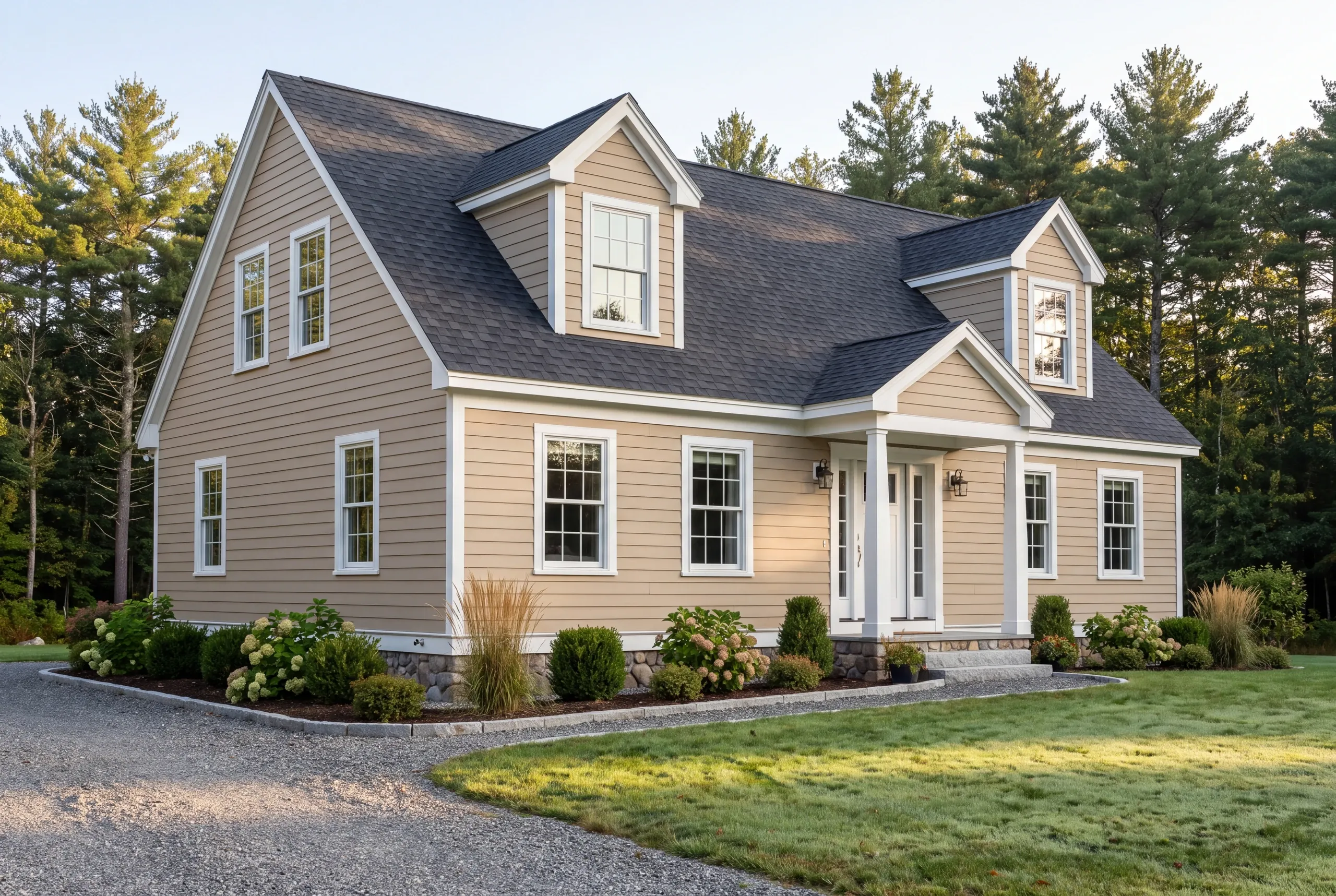 Kenneth Cox Construction disclaimer: tan cape with two gable dormers, a columned entry and hydrangea beds along a gravel drive