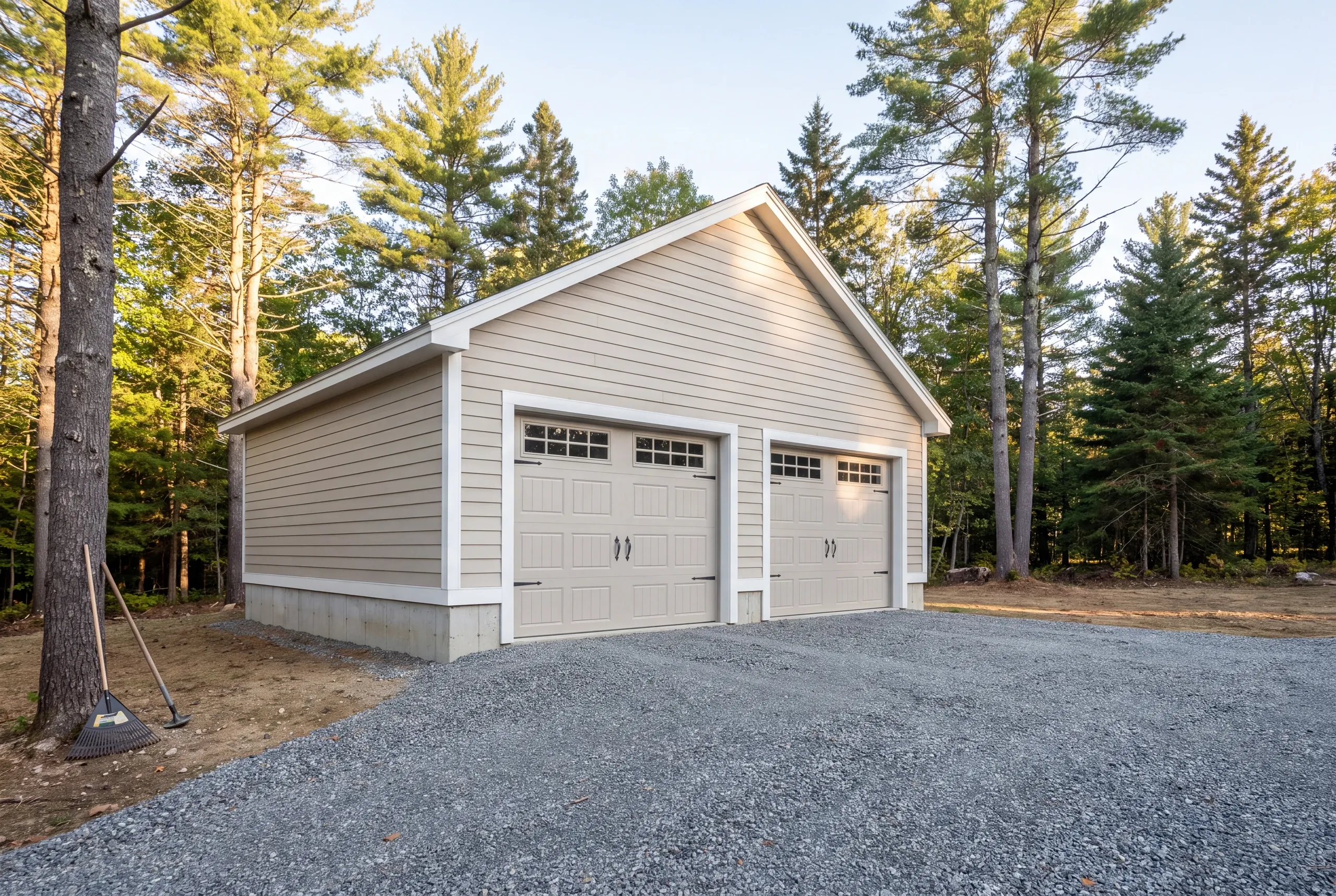 Garage builder in Augusta, ME: detached two-bay garage with beige siding and white doors at the end of a gravel drive