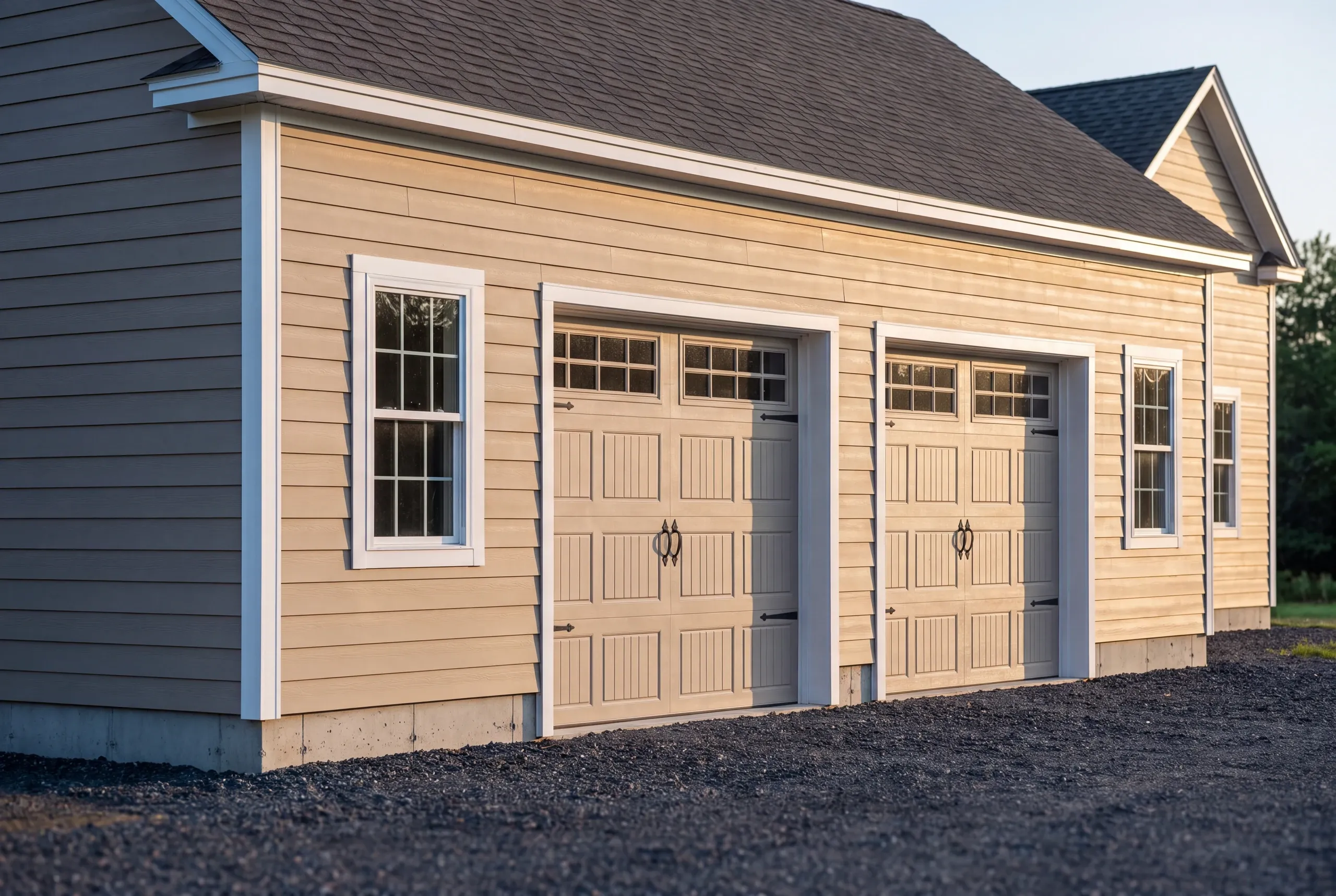 Custom garage builder Augusta Maine: tan-sided two-bay garage with carriage-style doors joined to a gray house, gravel apron