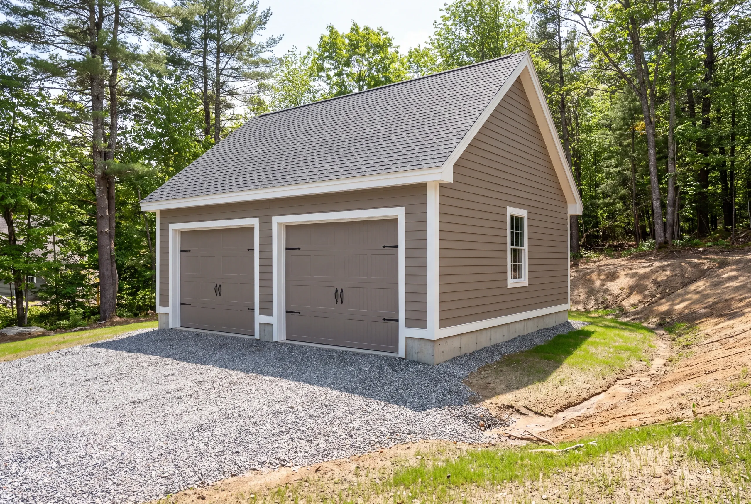 Detached garage builder Augusta Maine: detached taupe two-bay garage set into a freshly cut slope with a gravel drive