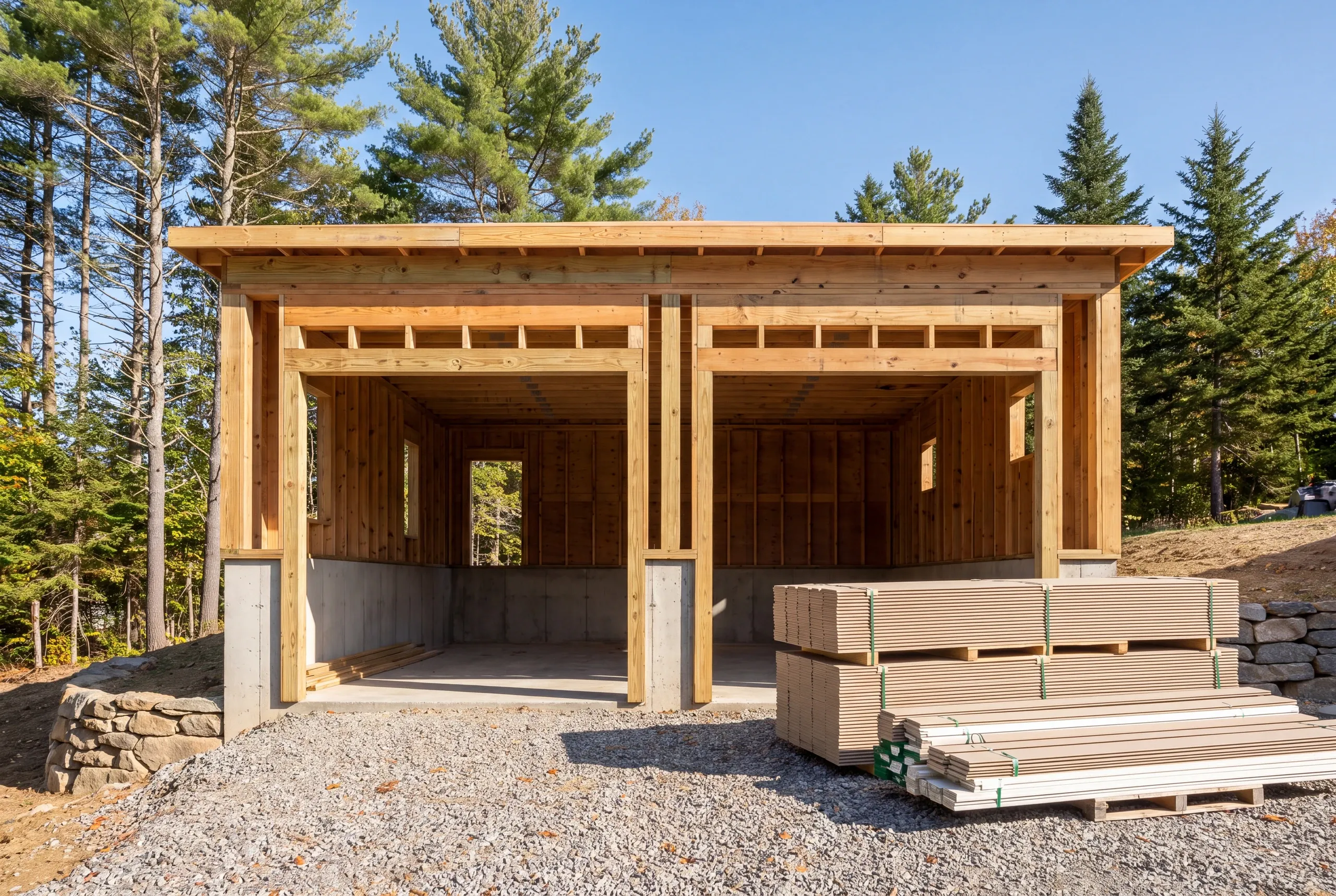 Garage builder Augusta Maine: framed two-bay garage on concrete walls with a flat roof frame and bundled siding in front