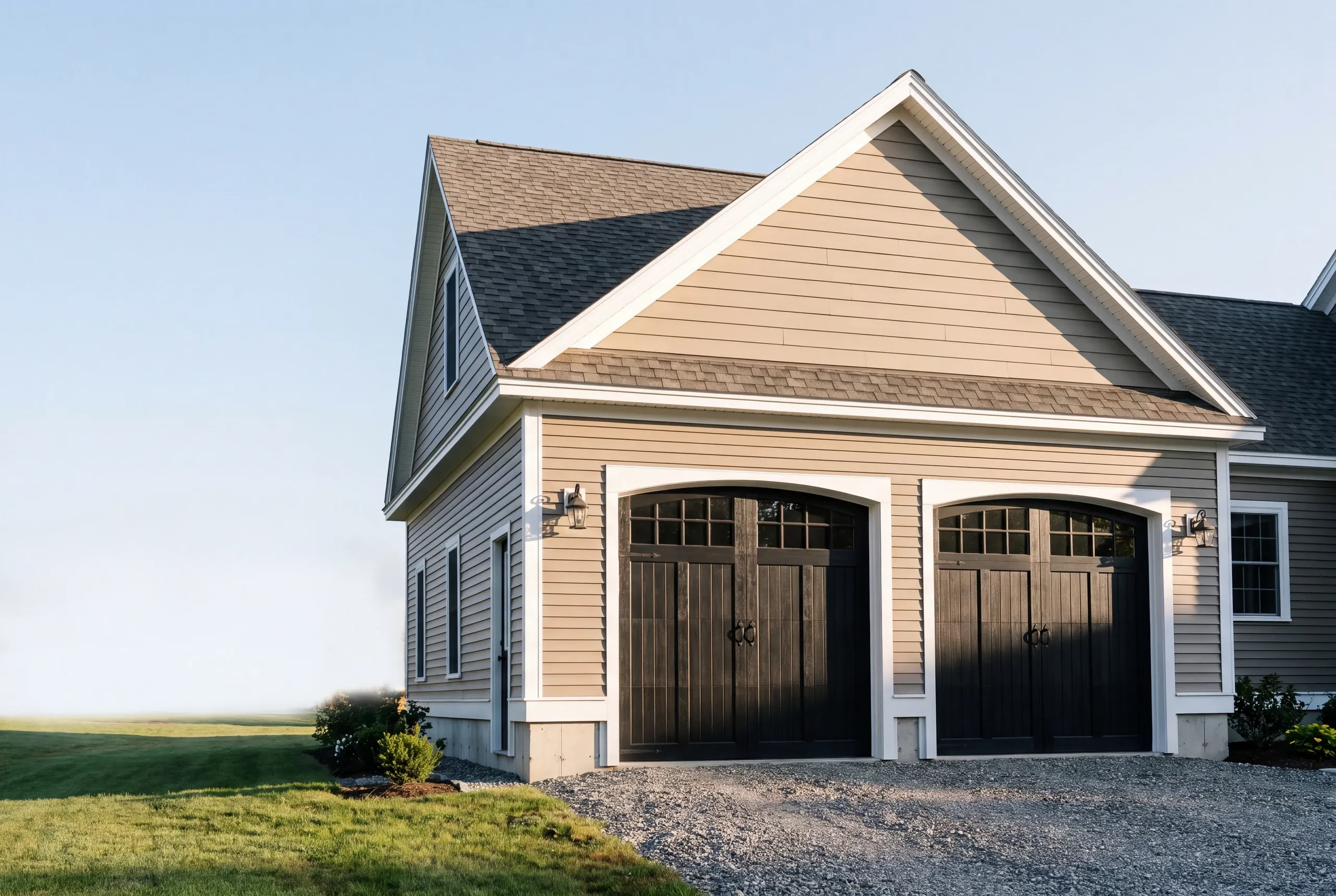 Custom garage builder Augusta Maine: two-bay garage with arched dark carriage doors and tan siding joined to the house