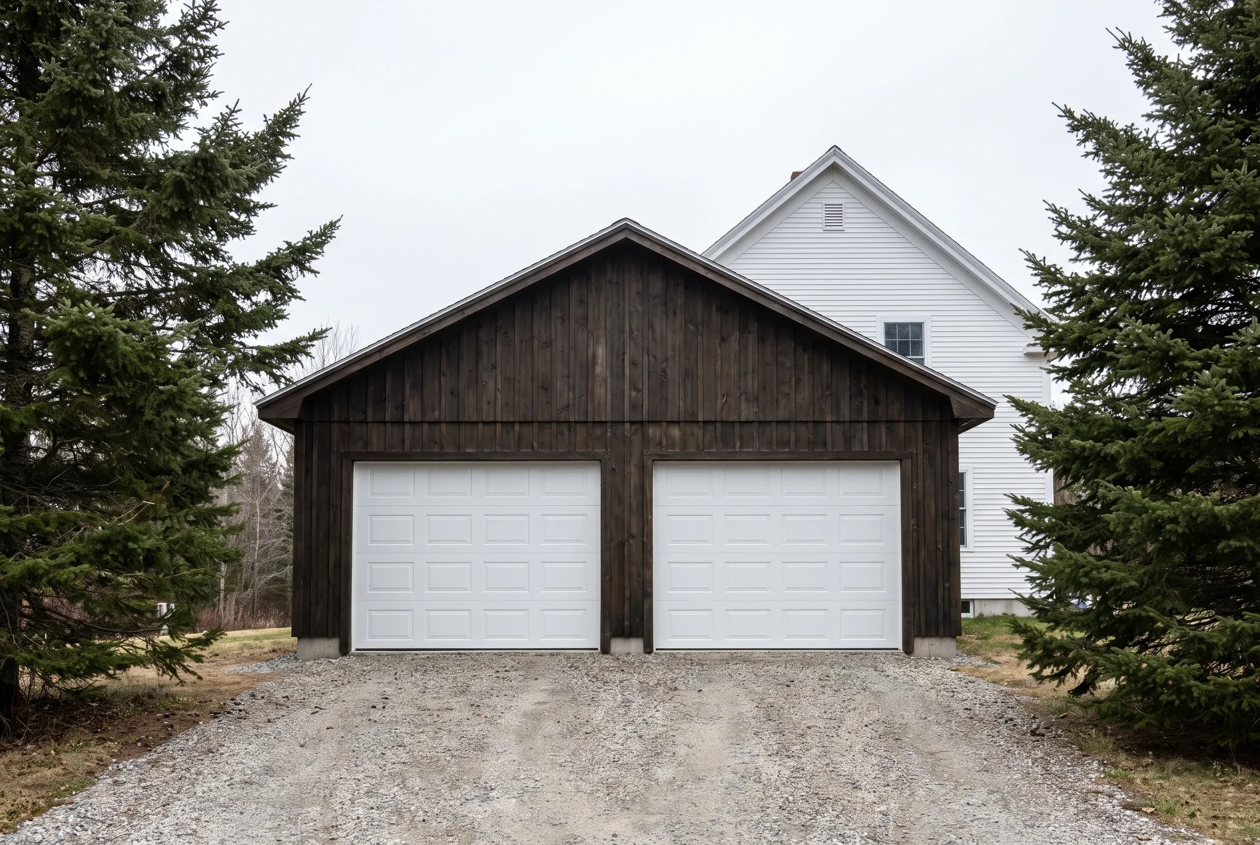 Garage builder in Bath, ME: dark board-and-batten detached two-bay garage with white panel doors beside a white farmhouse, framed by pines