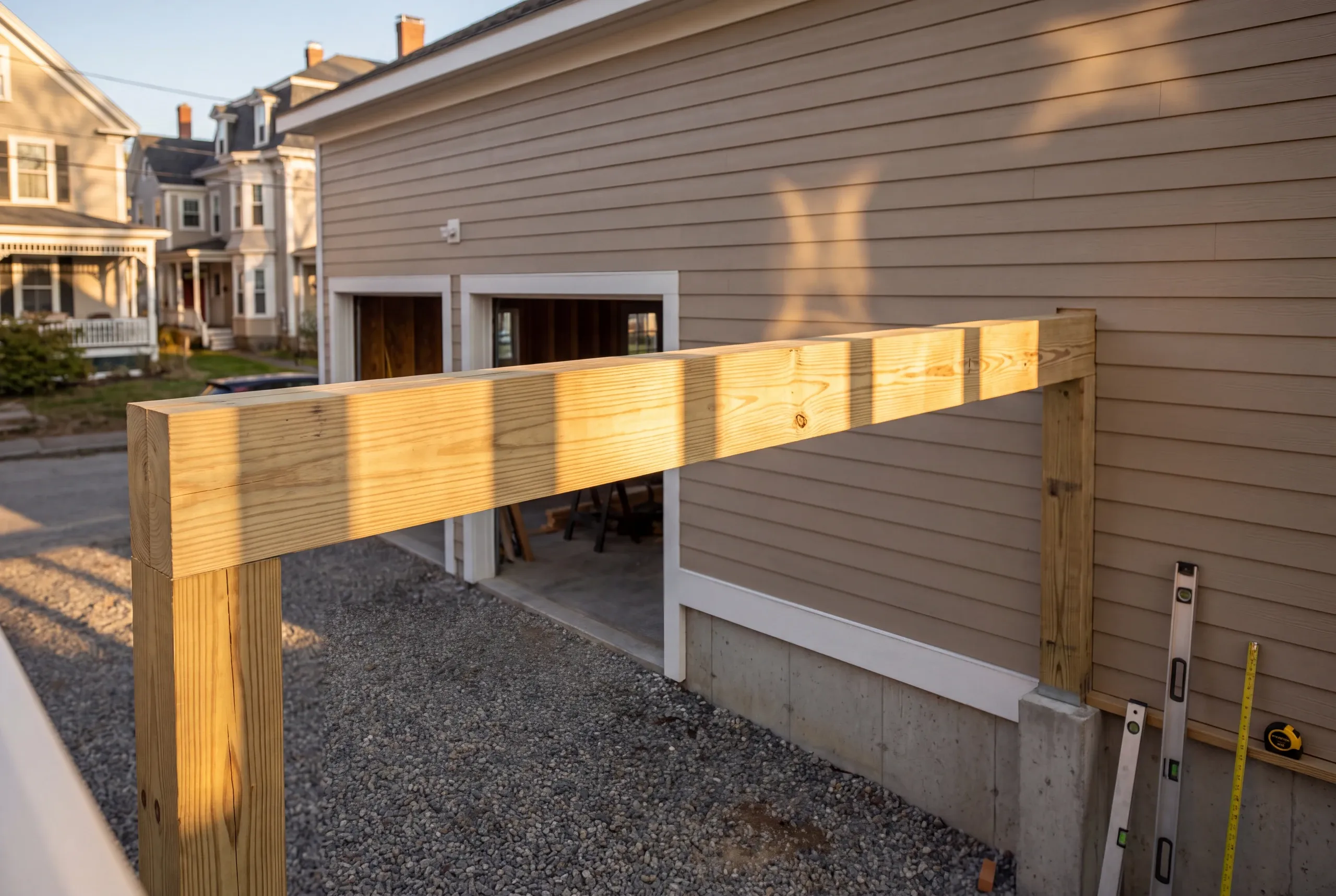 Custom garage builder Bath Maine: pressure-treated post and beam standing beside a tan garage with levels against the wall