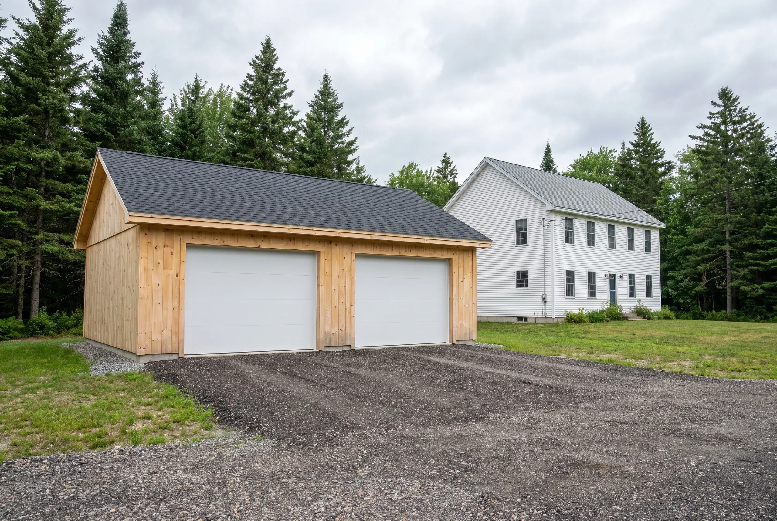 Garage builder Bath Maine: new pine board-and-batten two-bay garage with white doors on a gravel drive beside a white colonial