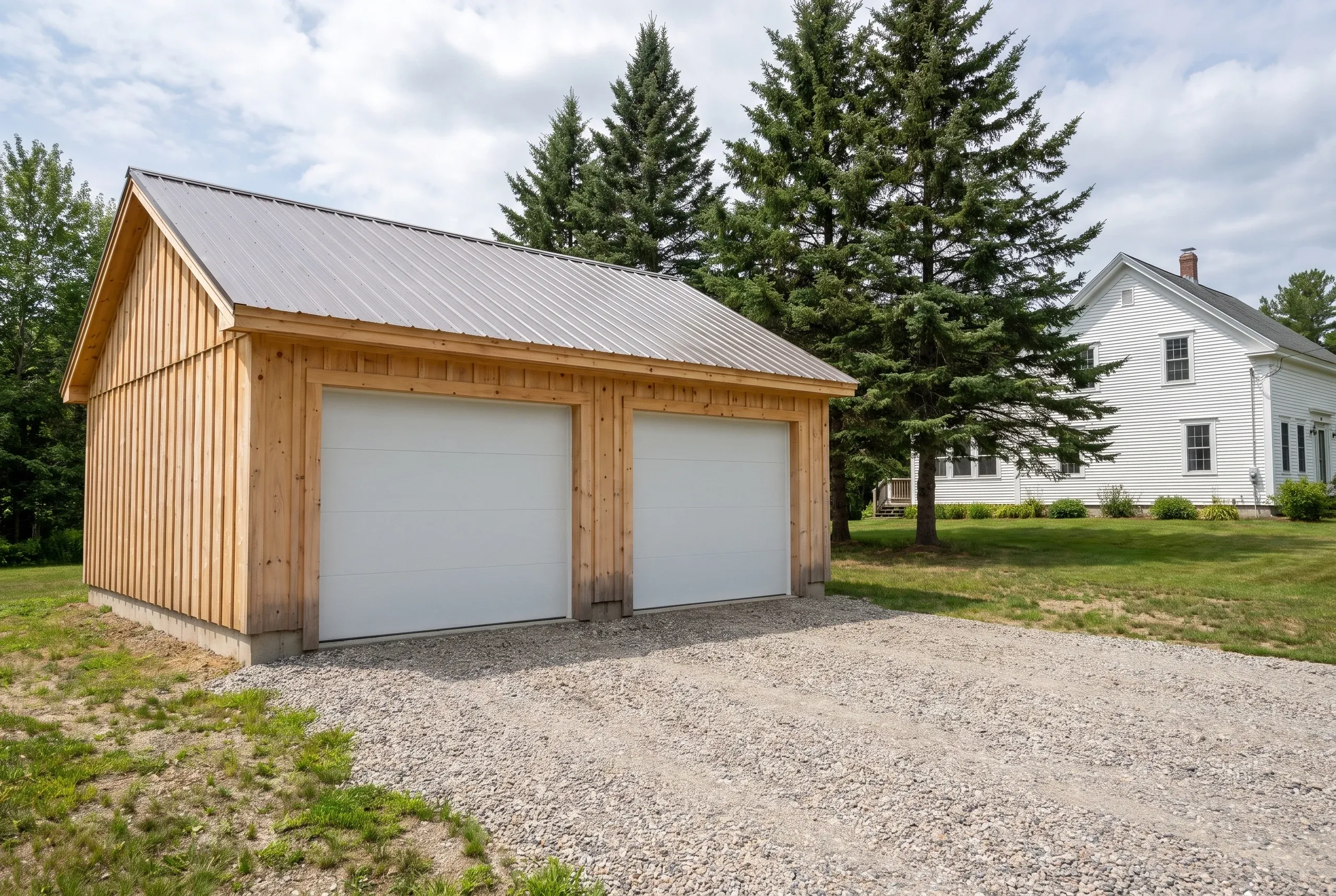 Custom garage builder Bath Maine: pine board-and-batten two-bay garage with a dark metal roof and white doors beside a white farmhouse