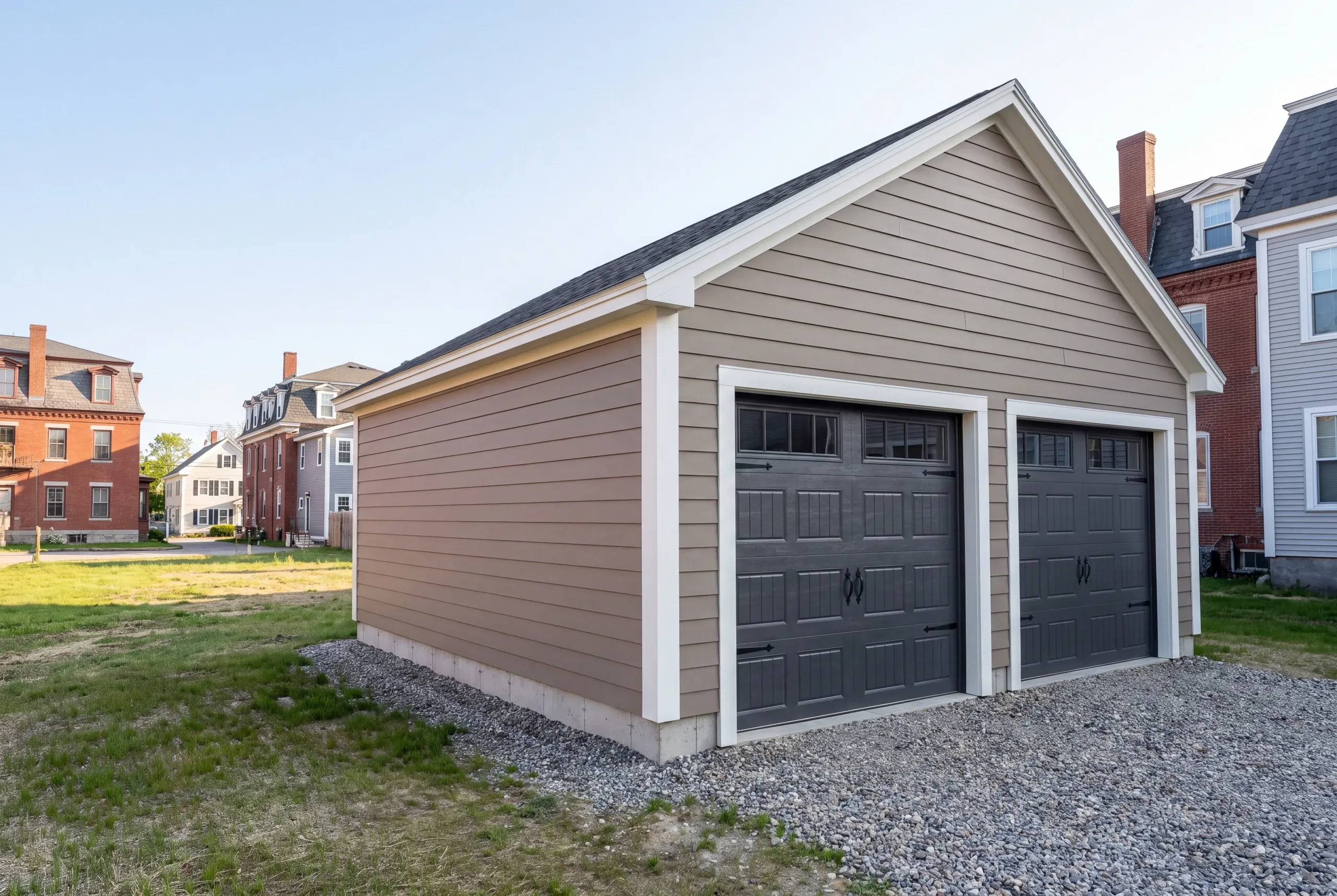Detached garage builder Bath Maine: taupe two-bay garage with charcoal doors beside brick and clapboard neighbors