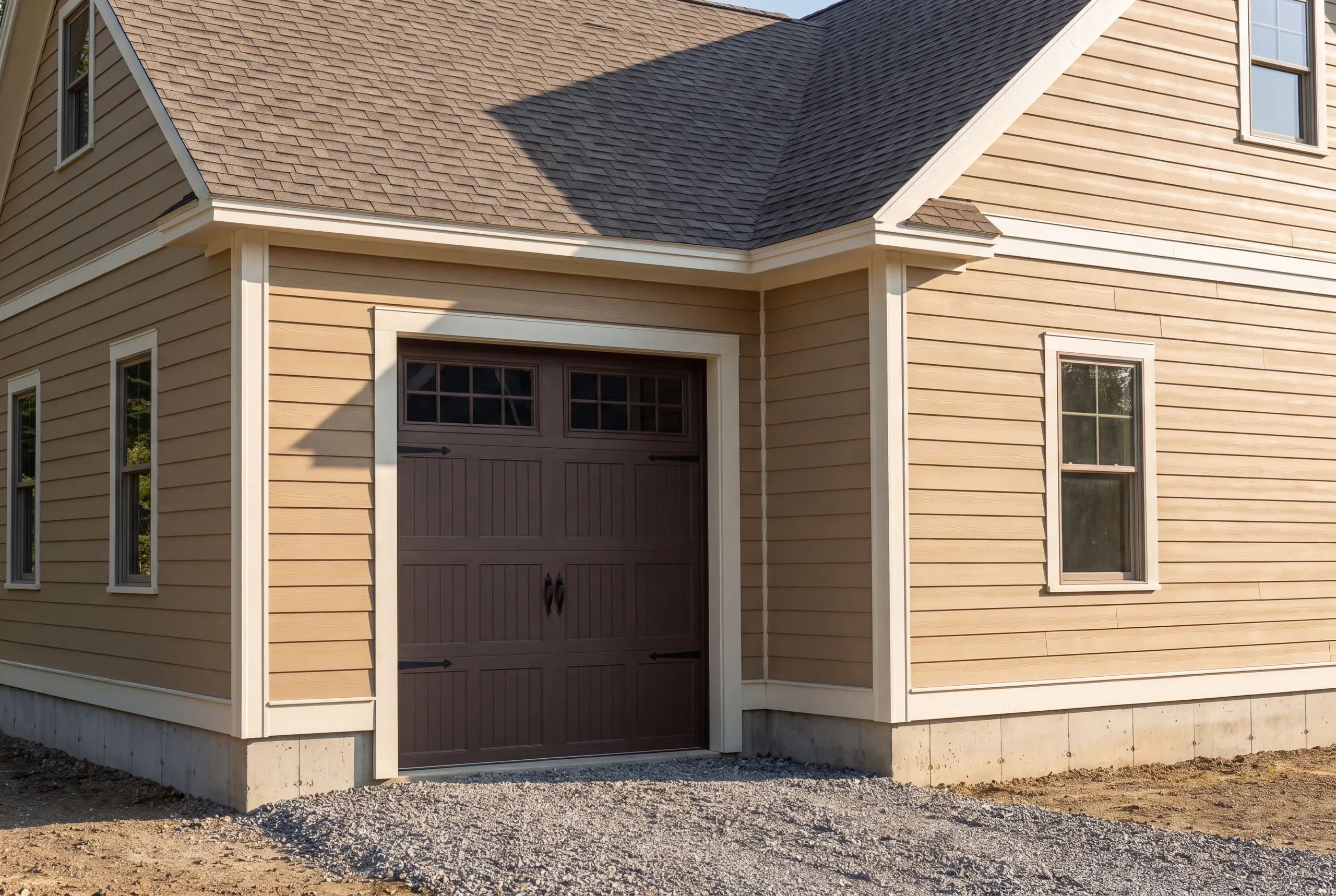 Custom garage builder Belfast Maine: single-bay garage with a brown carriage door joined to a tan two-story house