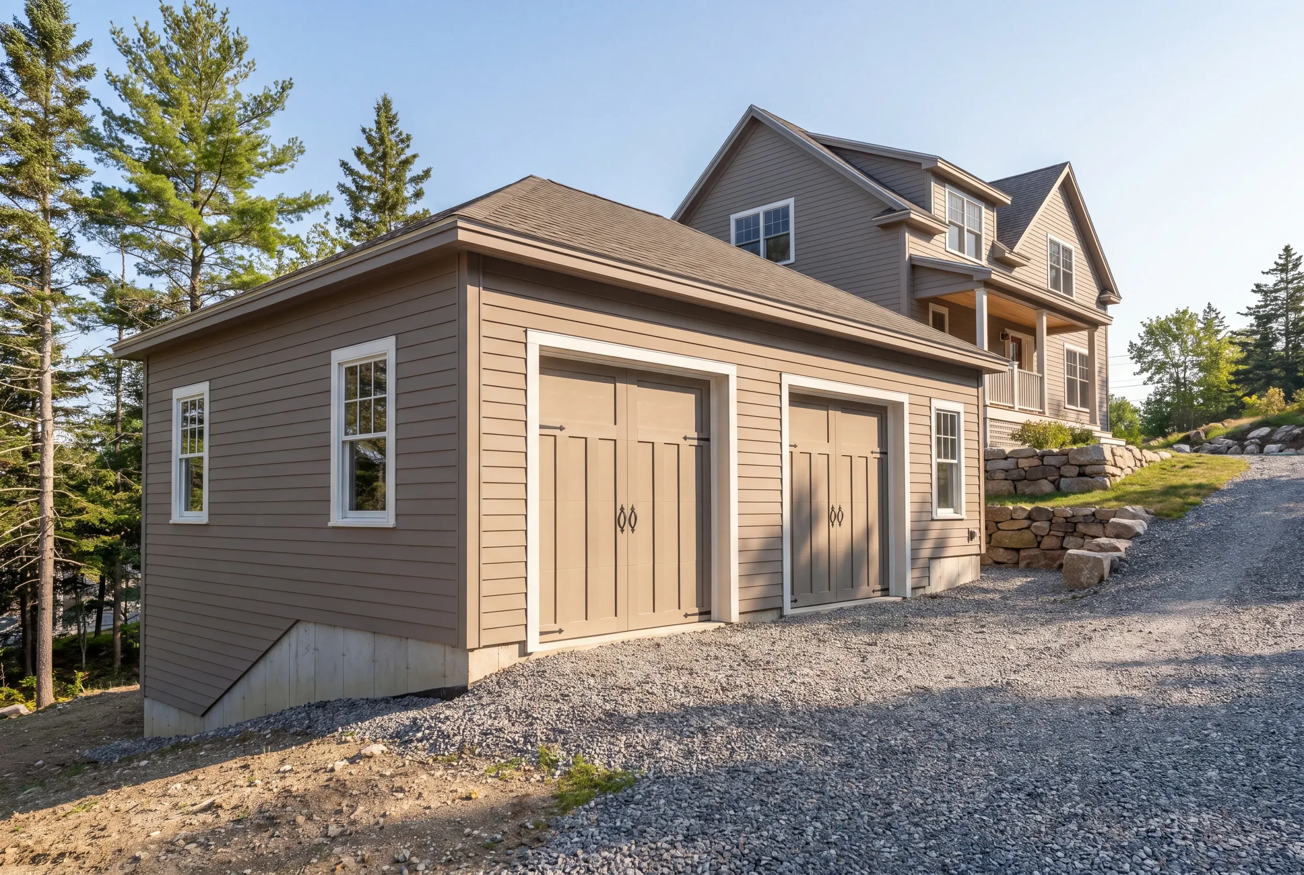 Detached garage builder Belfast Maine: hip-roof two-bay garage on a stepped foundation below a newer house and stone wall