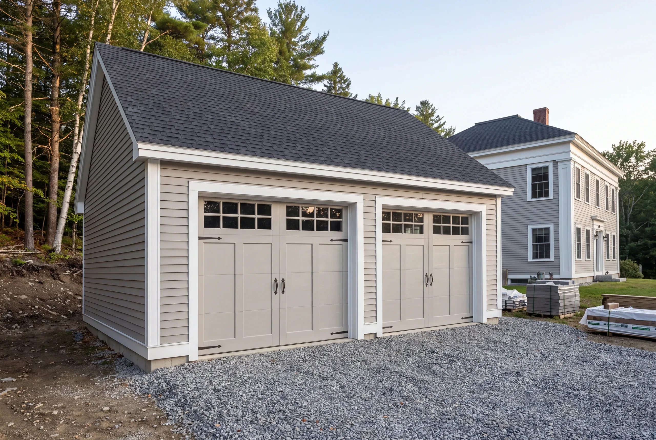 Garage builder Belfast Maine: gray detached two-bay garage with carriage doors near a colonial, pallets on the lawn