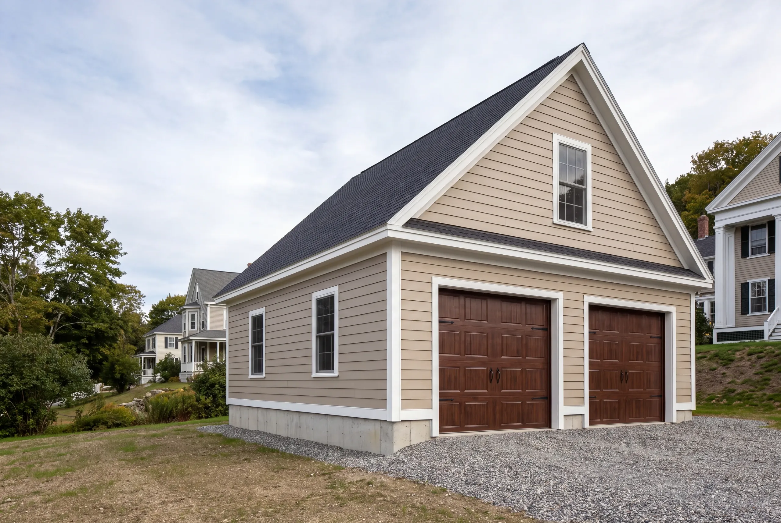 Custom garage builder Belfast Maine: two-bay garage with brown doors and a gable window on a sloped grassy lot