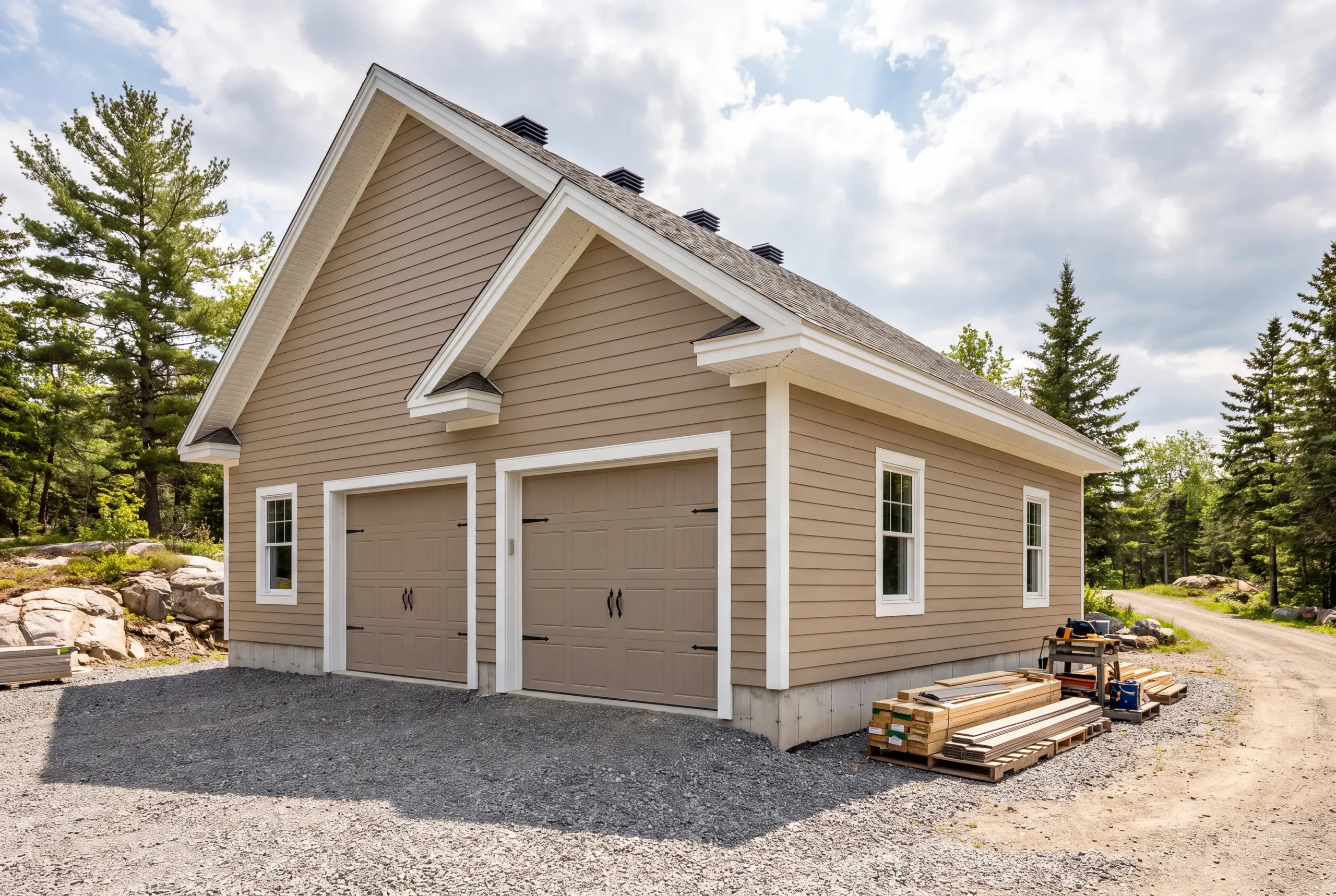 Garage builder in Bucksport, ME: tan two-bay garage with box vents along the roof and lumber stacked by the wall