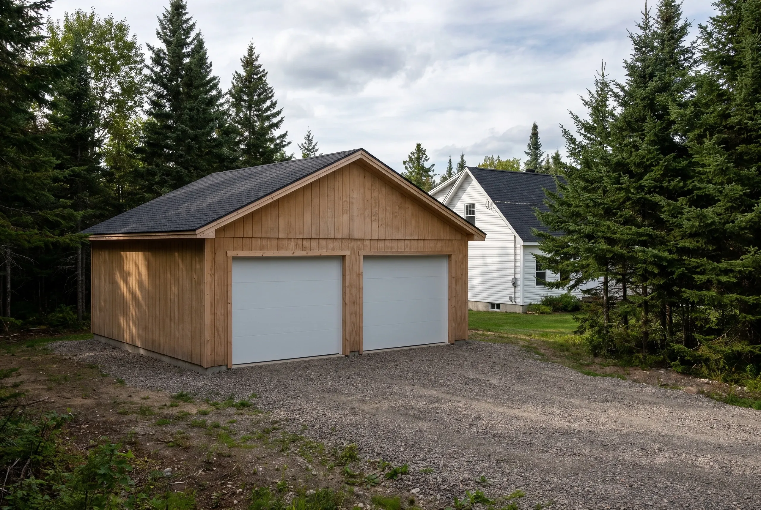 Custom garage builder Bucksport Maine: new board-and-batten two-bay detached garage with white doors between evergreens, white farmhouse behind