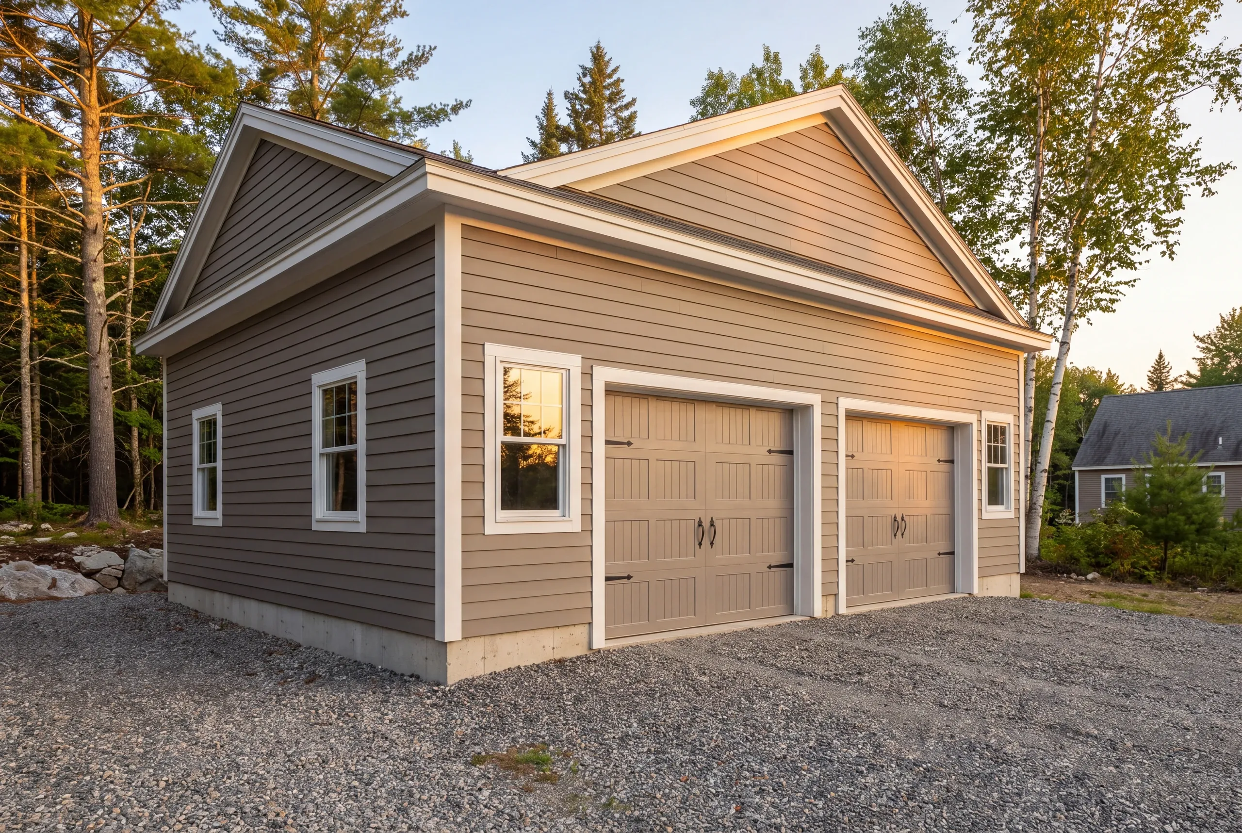 Detached garage builder Bucksport Maine: taupe two-bay garage with cross gables and windowed sides at dusk in the pines