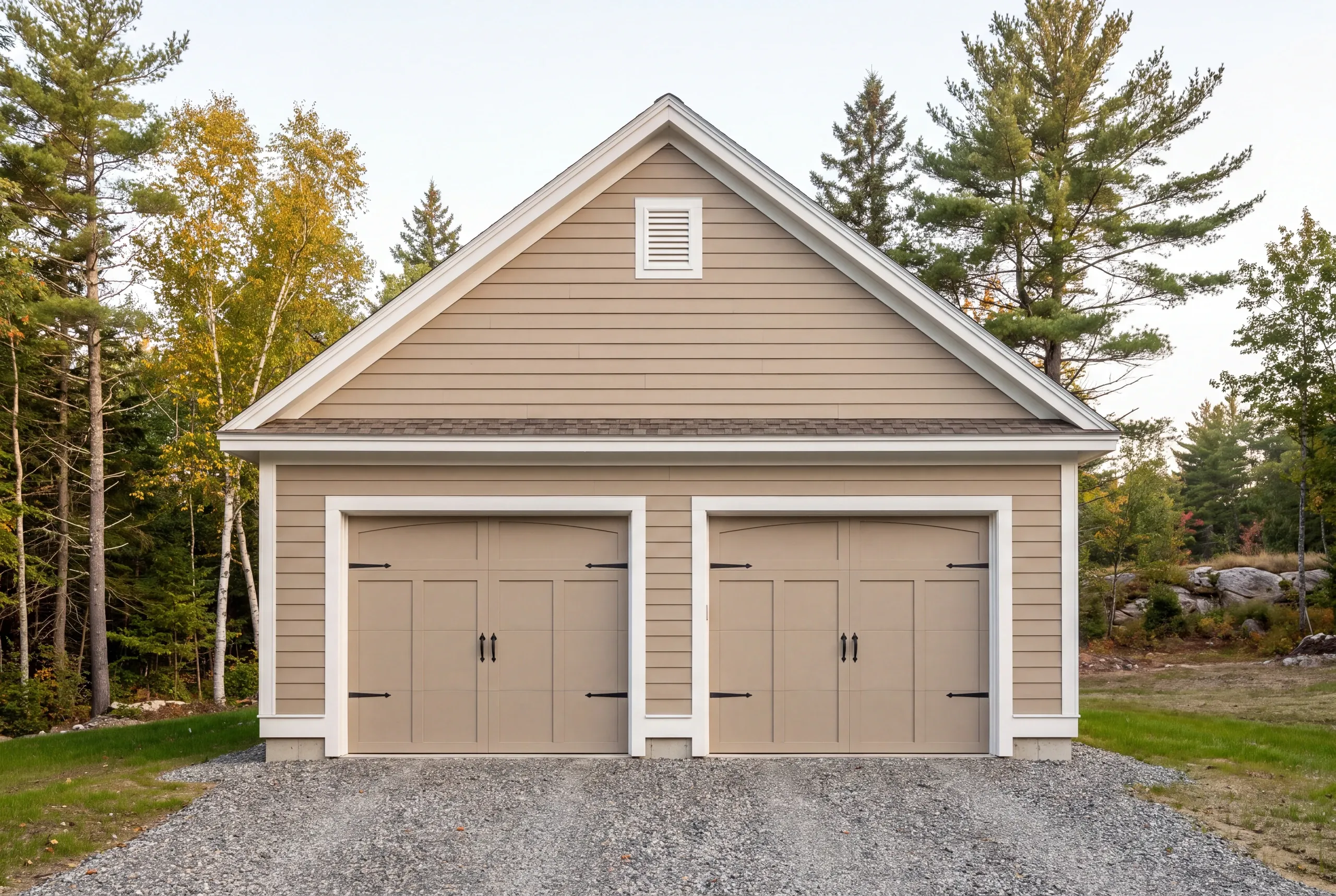Garage builder Bucksport Maine: detached two-bay garage with a louvered gable vent and carriage doors in the woods