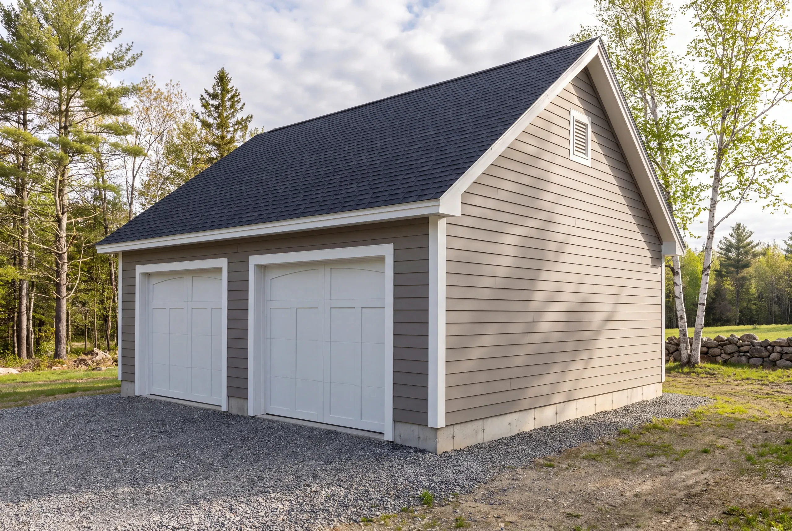 Custom garage builder Bucksport Maine: detached garage with a small gable vent, white overhead doors and a stone wall nearby