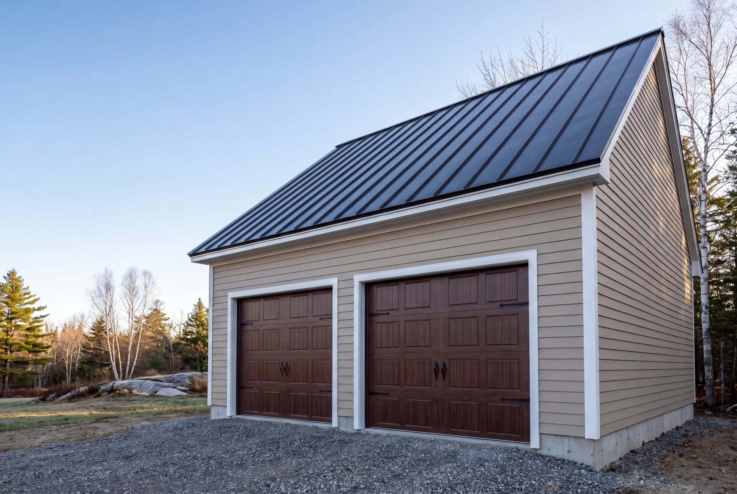 Detached garage builder Bucksport Maine: garage with a black standing seam metal roof, taupe siding and brown overhead doors