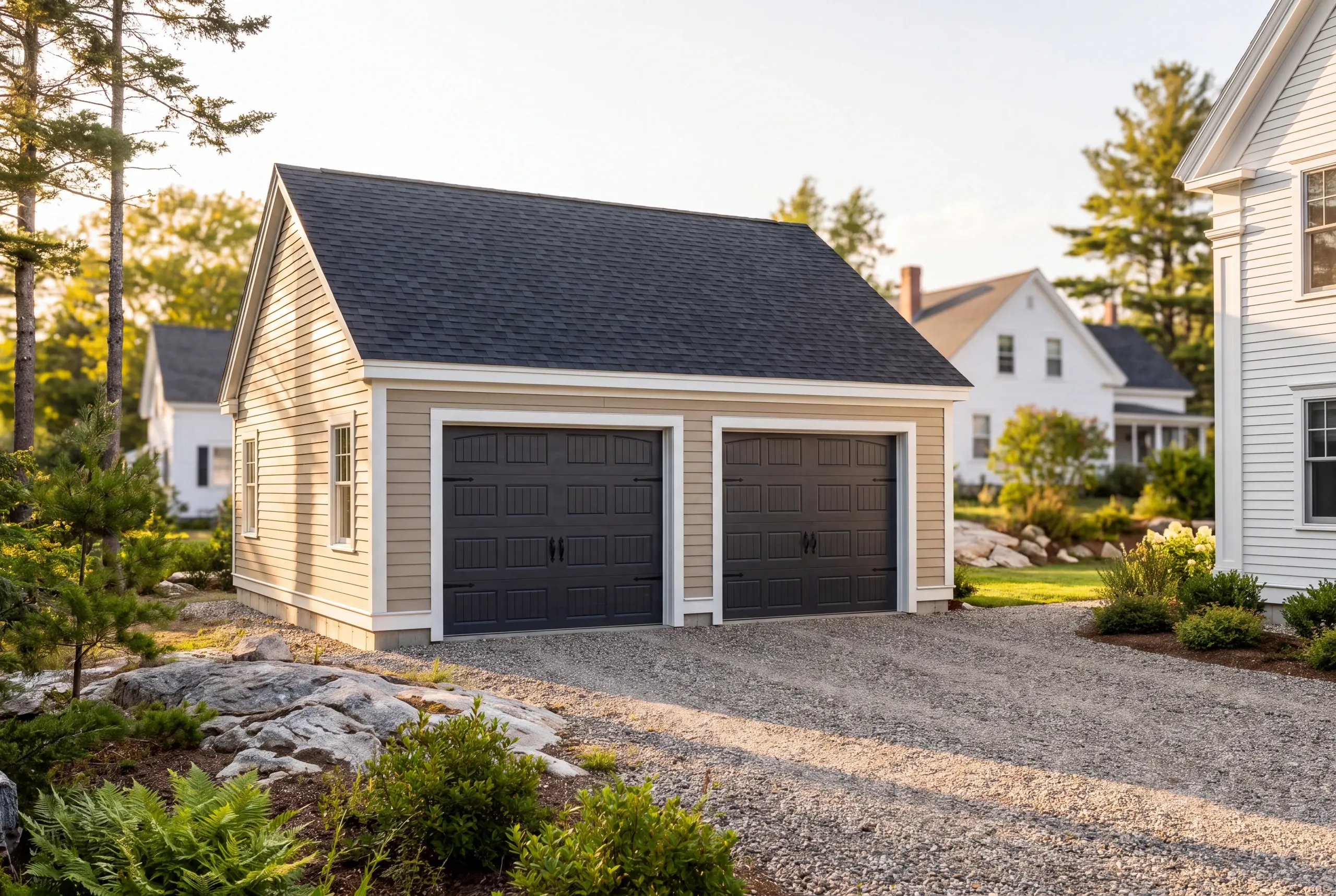 Garage builder in Camden, ME: taupe two-bay garage with charcoal doors beside white clapboard houses and a gravel drive