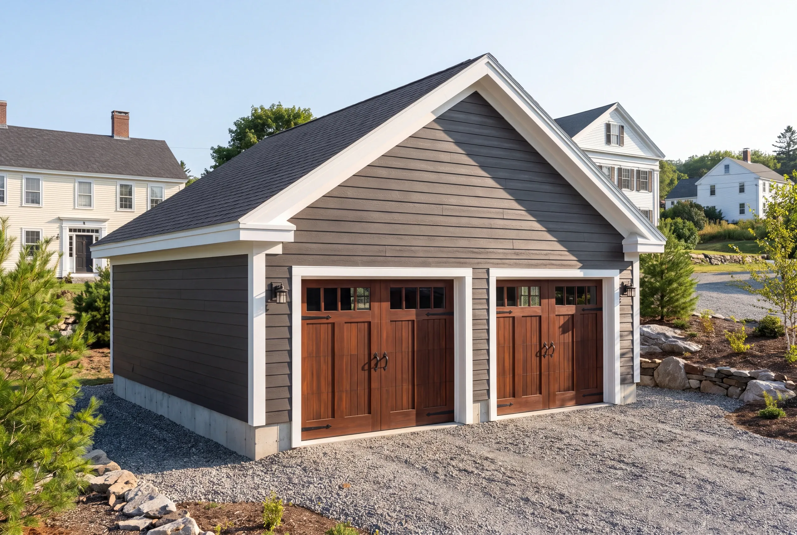 Detached garage builder Camden Maine: gray-sided garage with wood-tone carriage doors set among white village homes