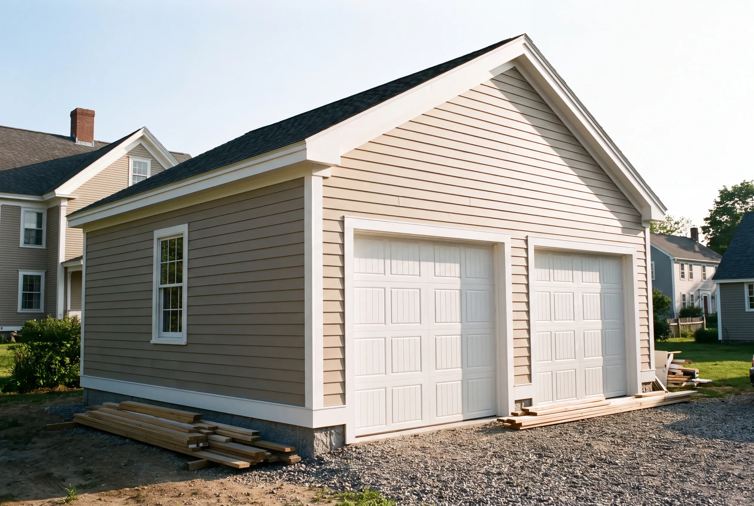 Garage builder Camden Maine: beige two-bay garage with white doors and lumber stacked along its side near older homes