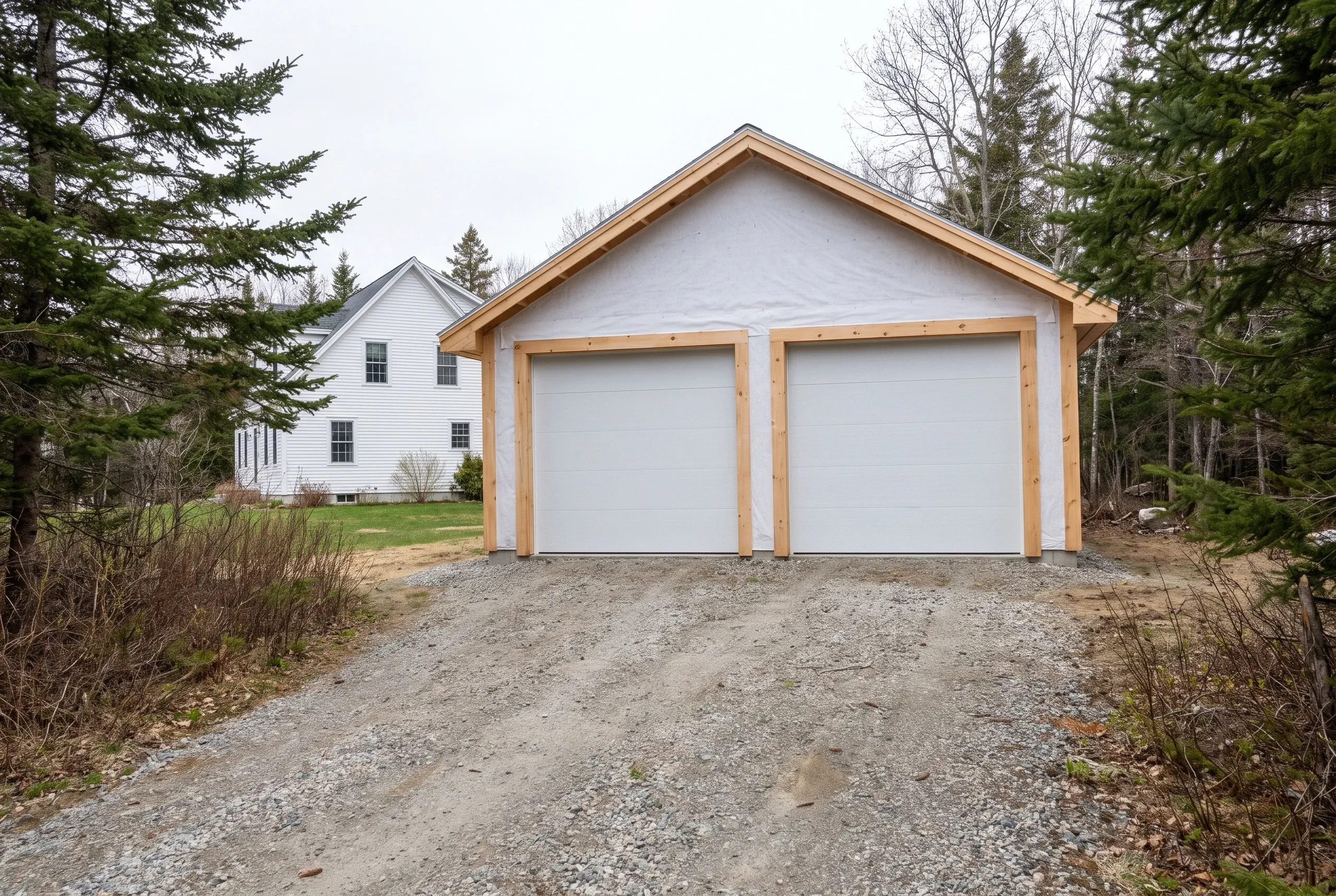 Custom garage builder Camden Maine: new framed two-bay garage with white doors and housewrap gable set on a gravel drive beside a white farmhouse