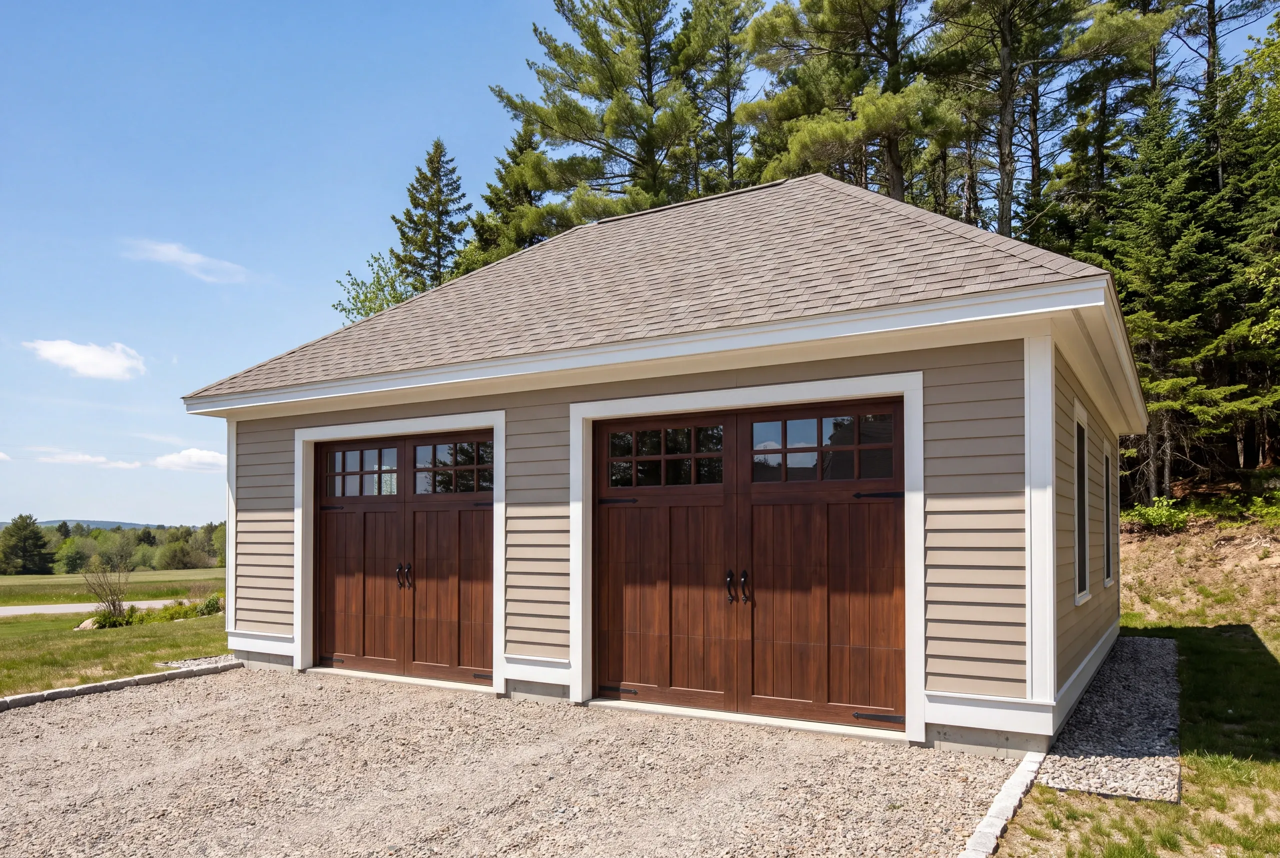 Detached garage builder Camden Maine: hip-roof garage with wood-tone carriage doors and beige siding at the edge of the pines