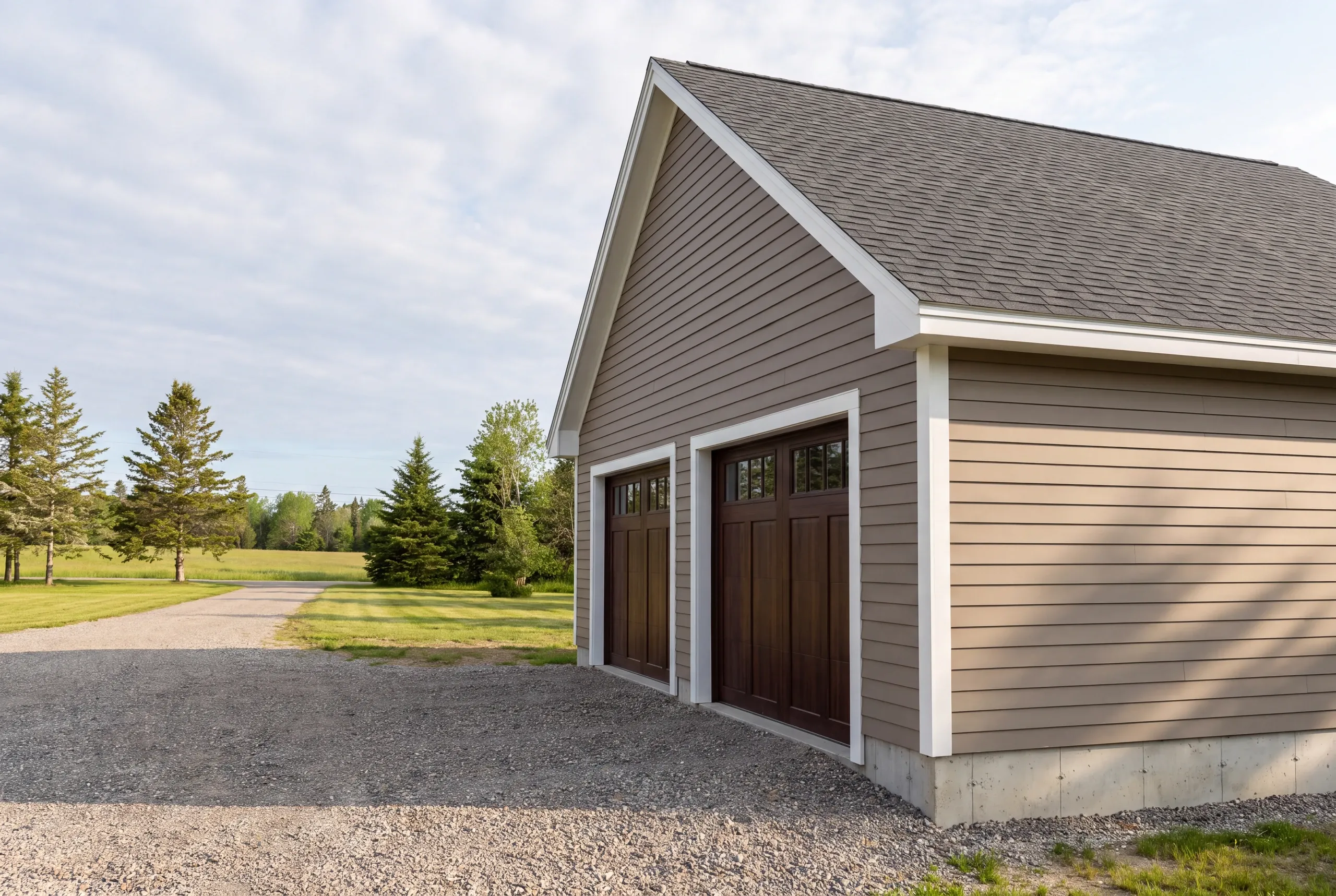 Garage builder Midcoast Maine: taupe lap two-bay garage with dark walnut carriage doors at the gable end, gravel drive to a field
