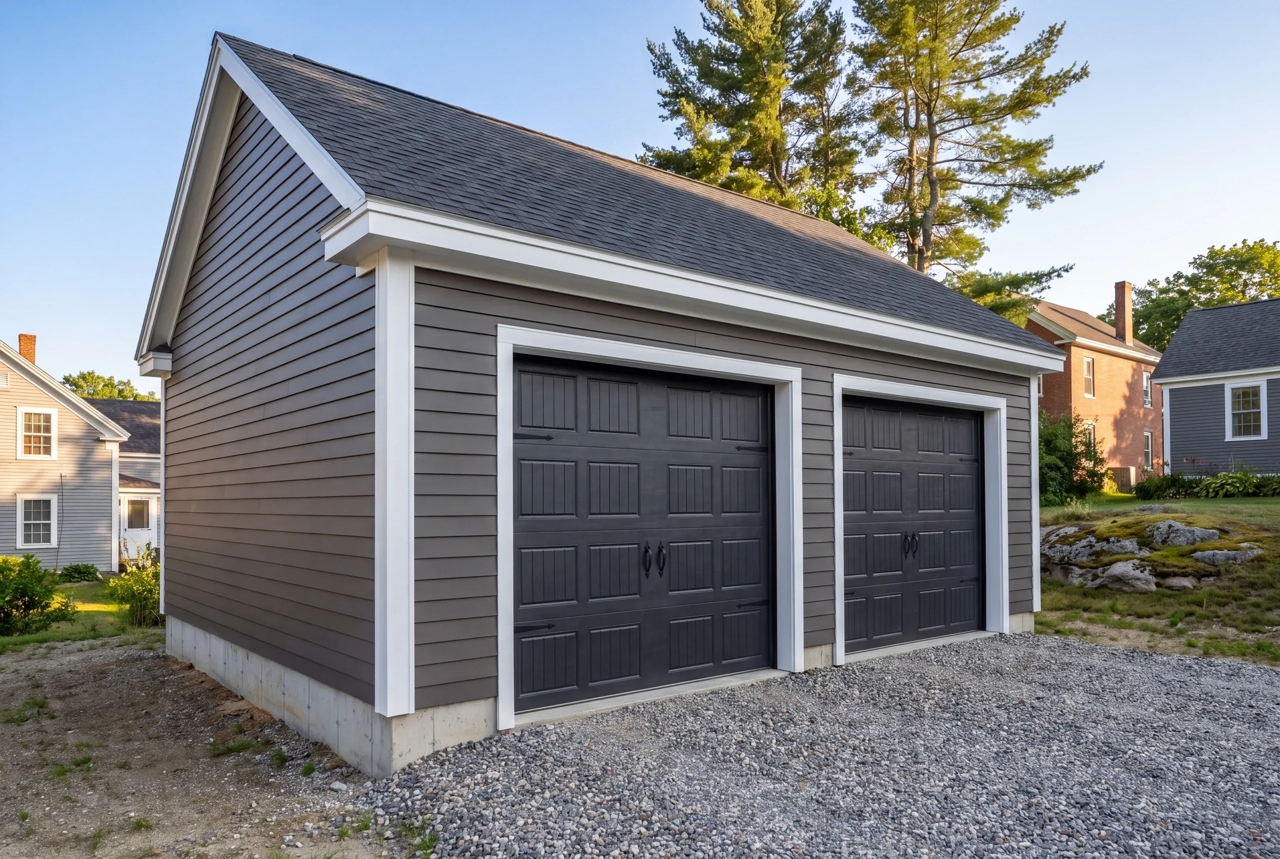 Garage builder in Damariscotta, ME: gray detached garage with charcoal overhead doors on a gravel pad near older homes