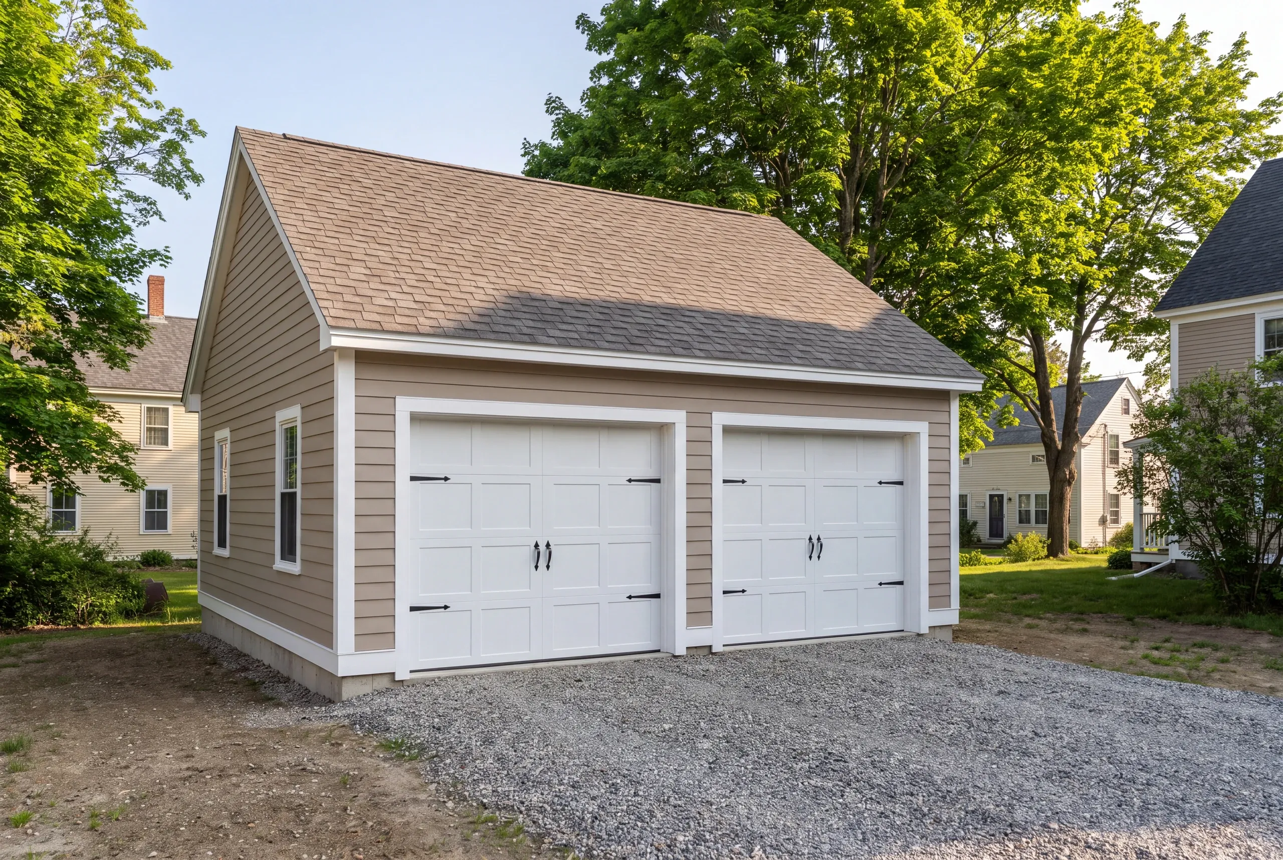 Detached garage builder Damariscotta Maine: taupe two-bay garage with white carriage doors on a shaded lot beside older houses